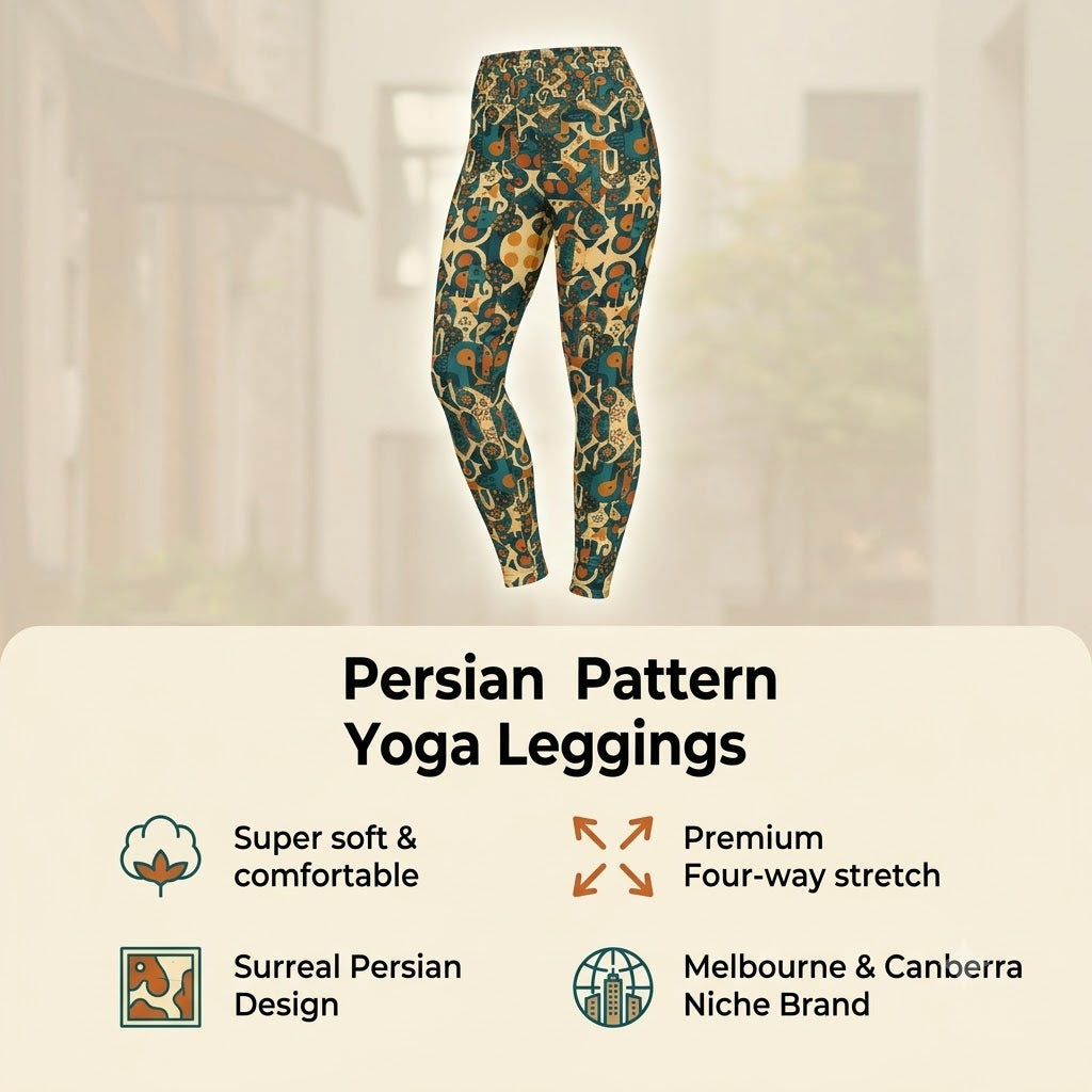 A pair of full-length leggings with a colorful Persian floral pattern, shown against a soft-focus background with text overlays describing the product features.