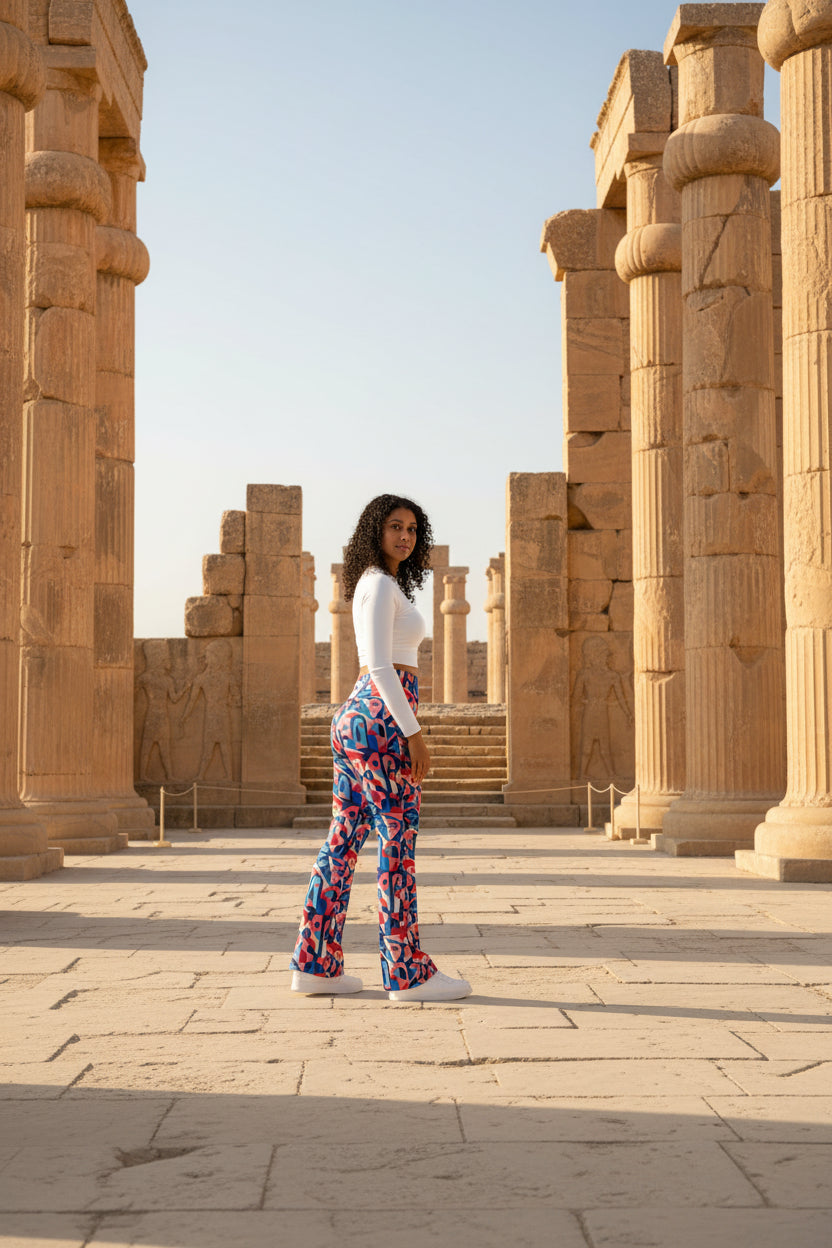Woman wearing colorful patterned pants on a white background