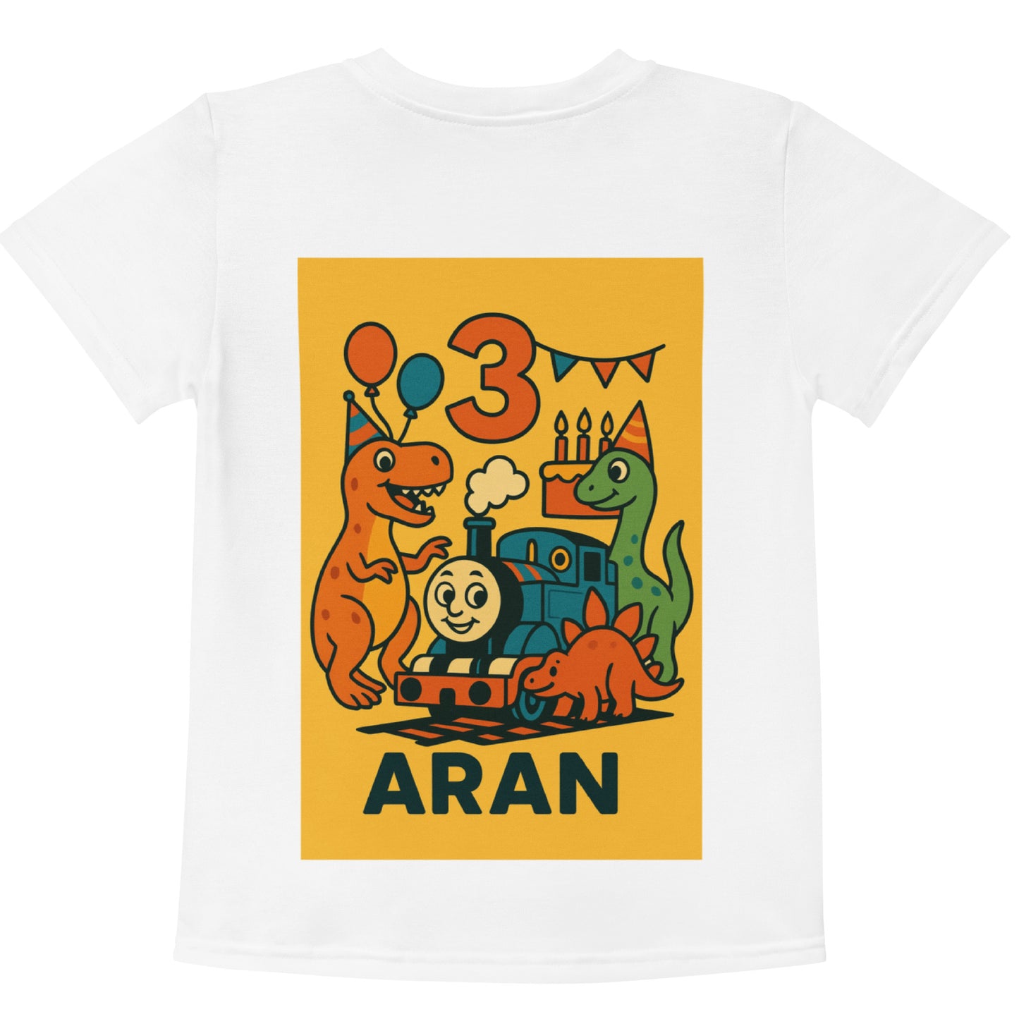 White t-shirt with a colorful graphic of dinosaurs and a train on a yellow background, featuring the name 'Aran' and the number '3'.