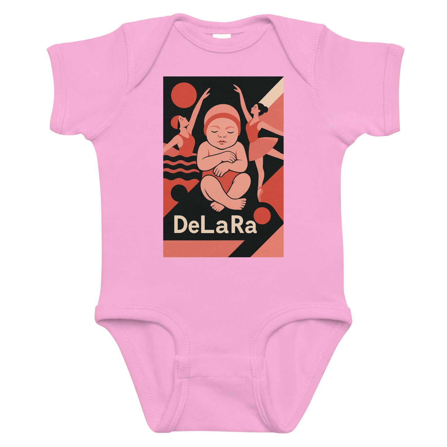 Pink baby onesie with a graphic design and 'DeLaRa' text on a white background