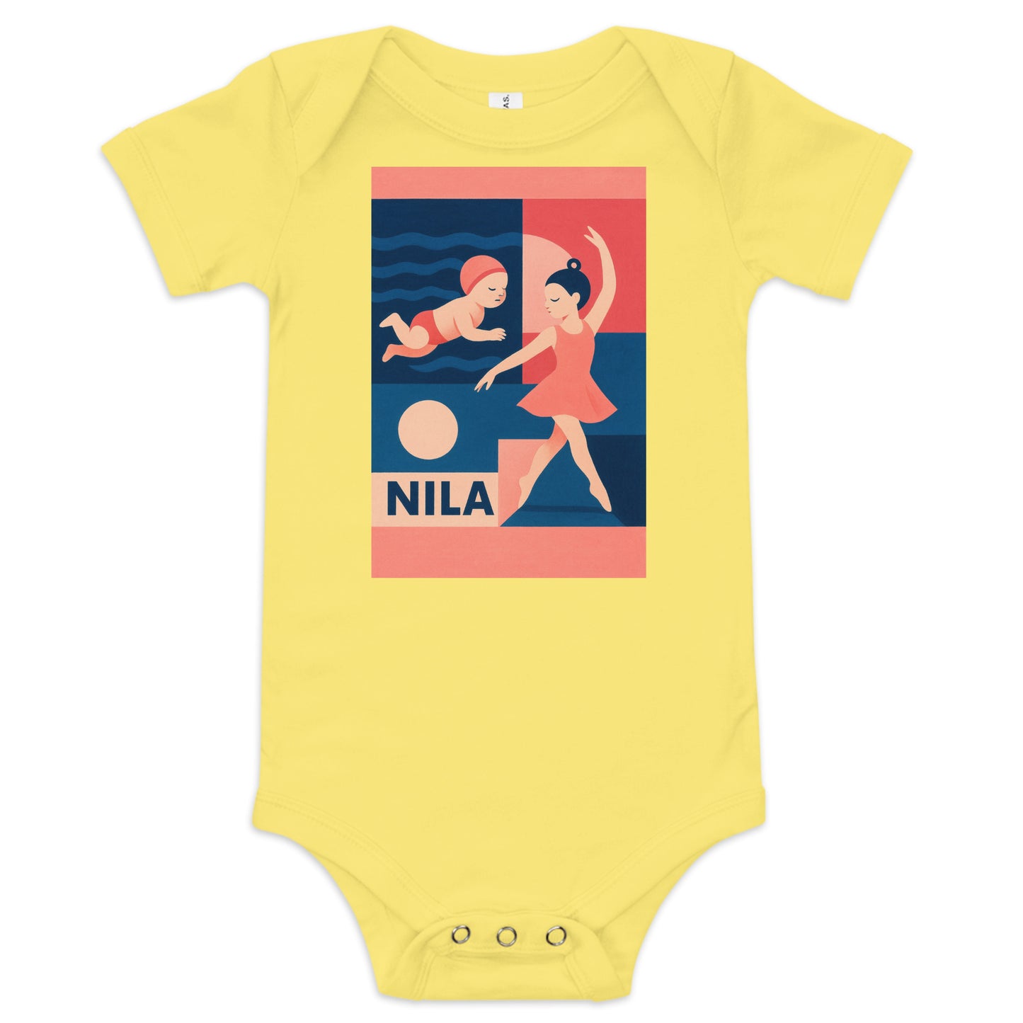 Yellow baby onesie with a graphic design of a baby and a ballerina, and the word 'Nila'.
