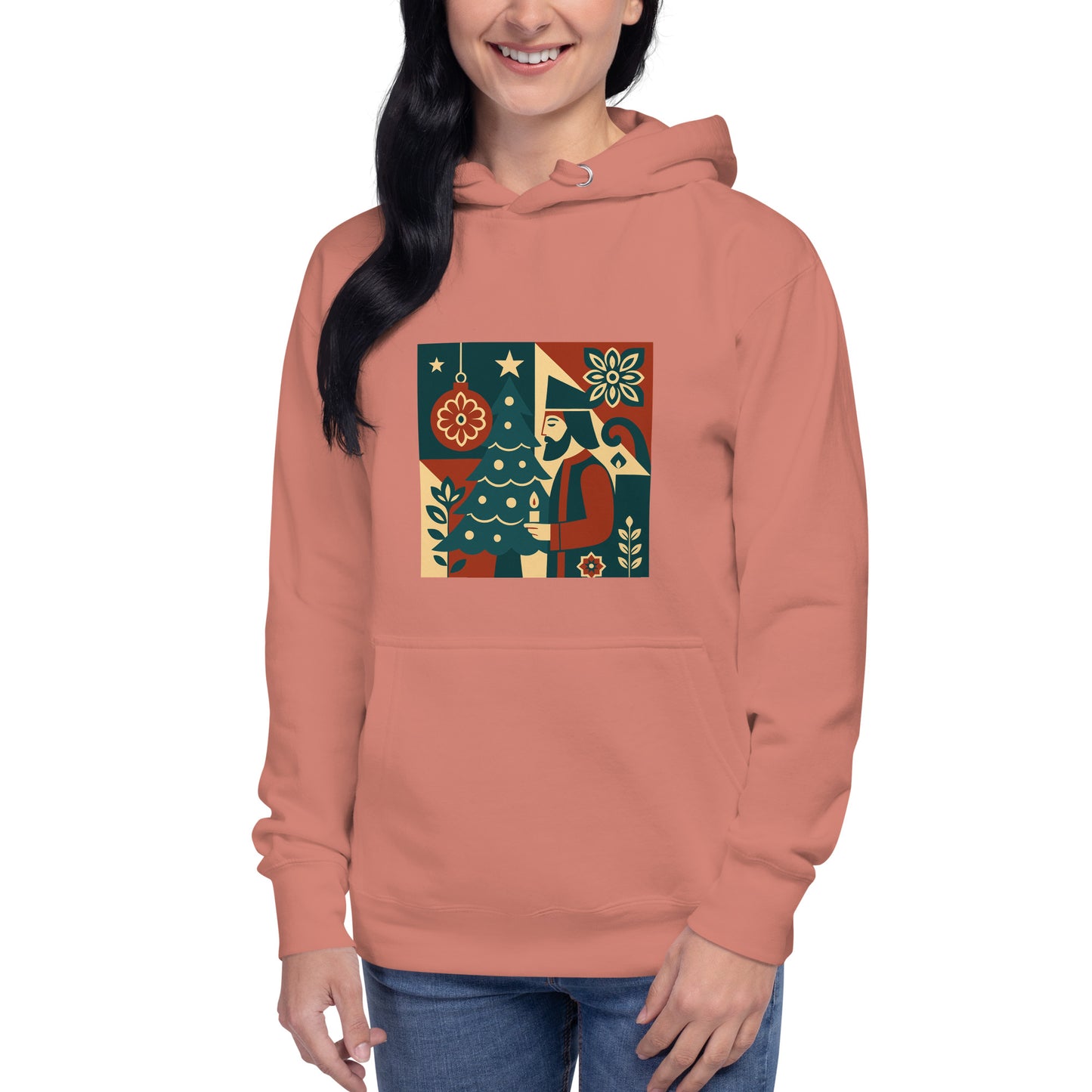 Person wearing a pink hoodie with a colorful graphic design on a white background