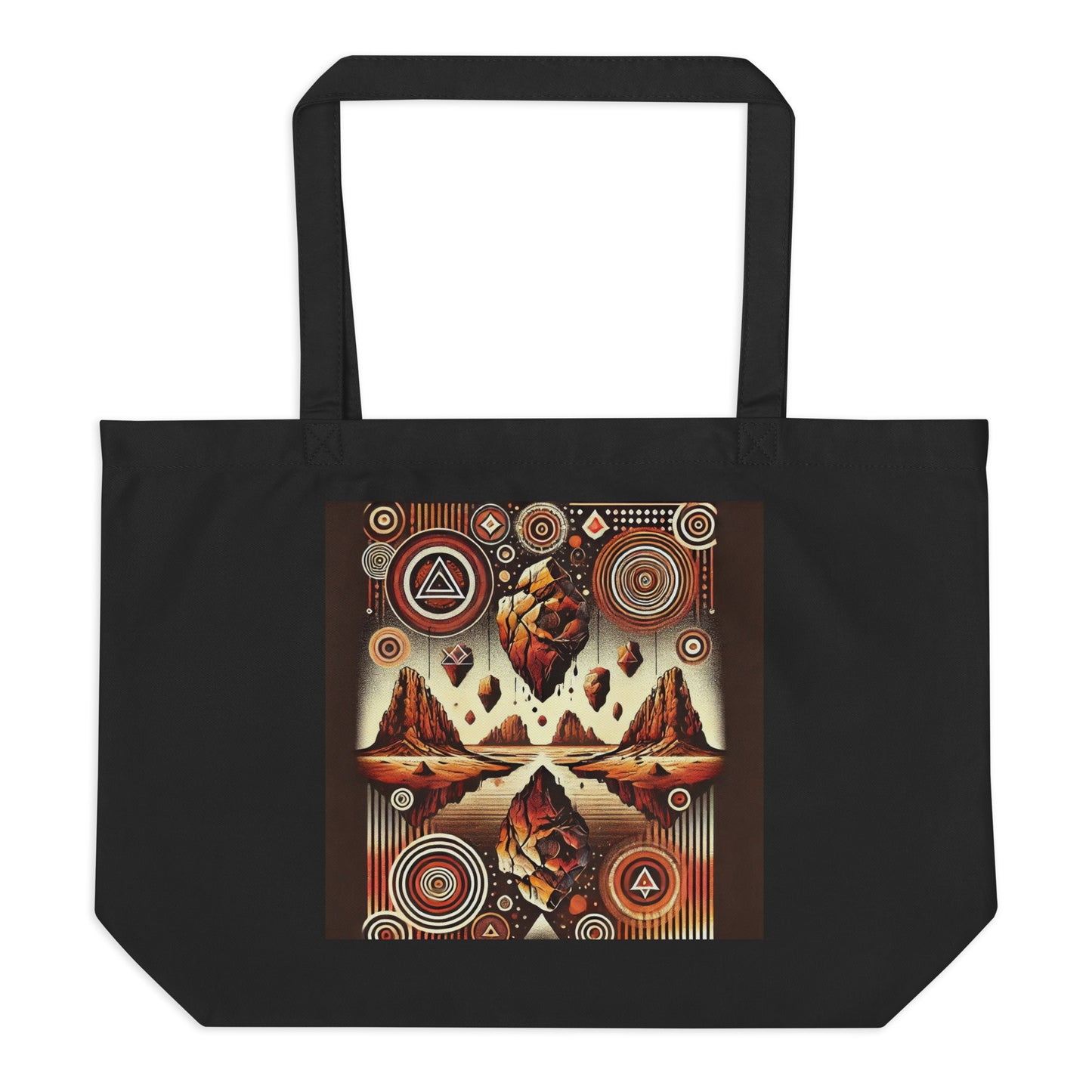 Black tote bag with a desert landscape and geometric design on a white background