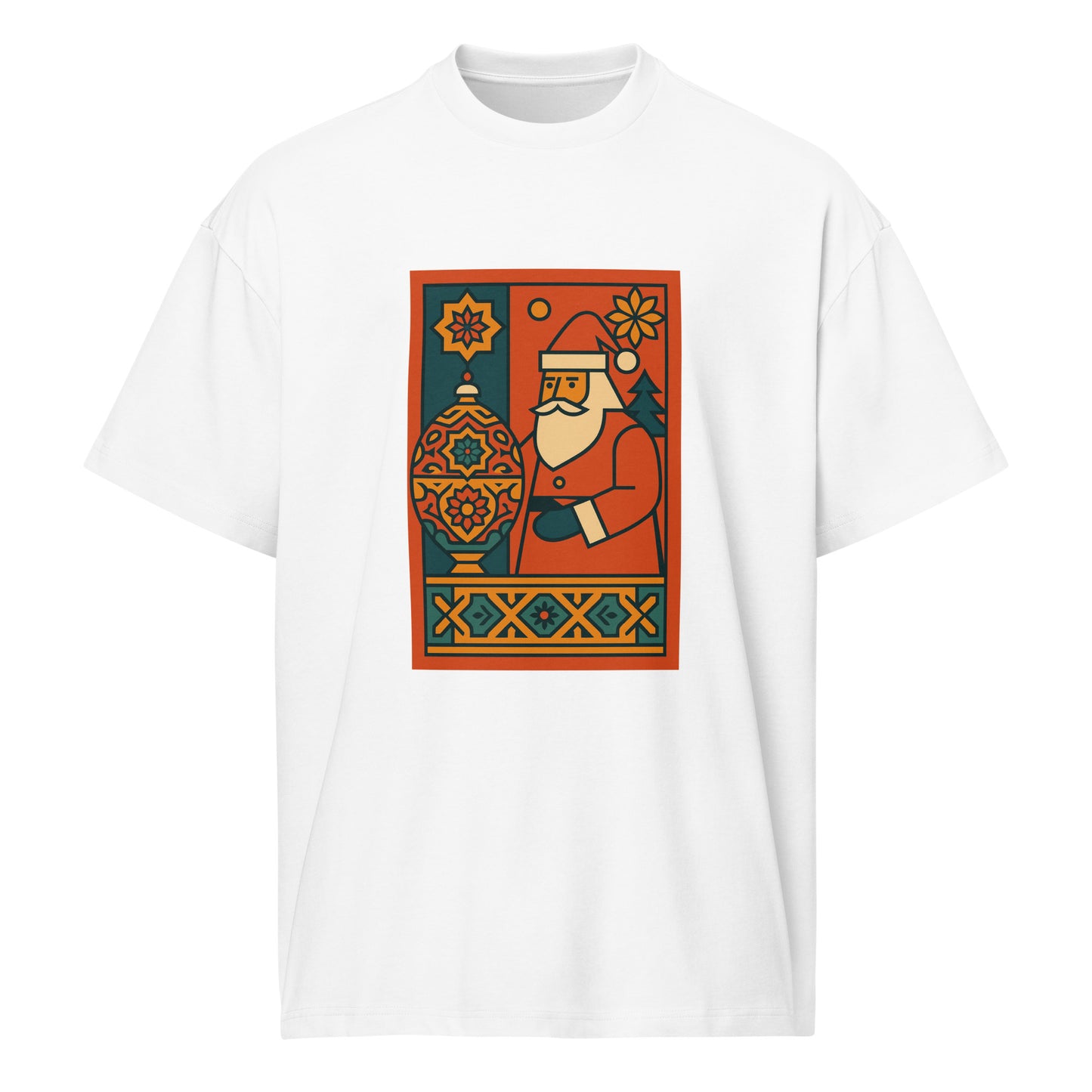 White t-shirt with a colorful graphic of Santa Claus holding a lantern on a white background