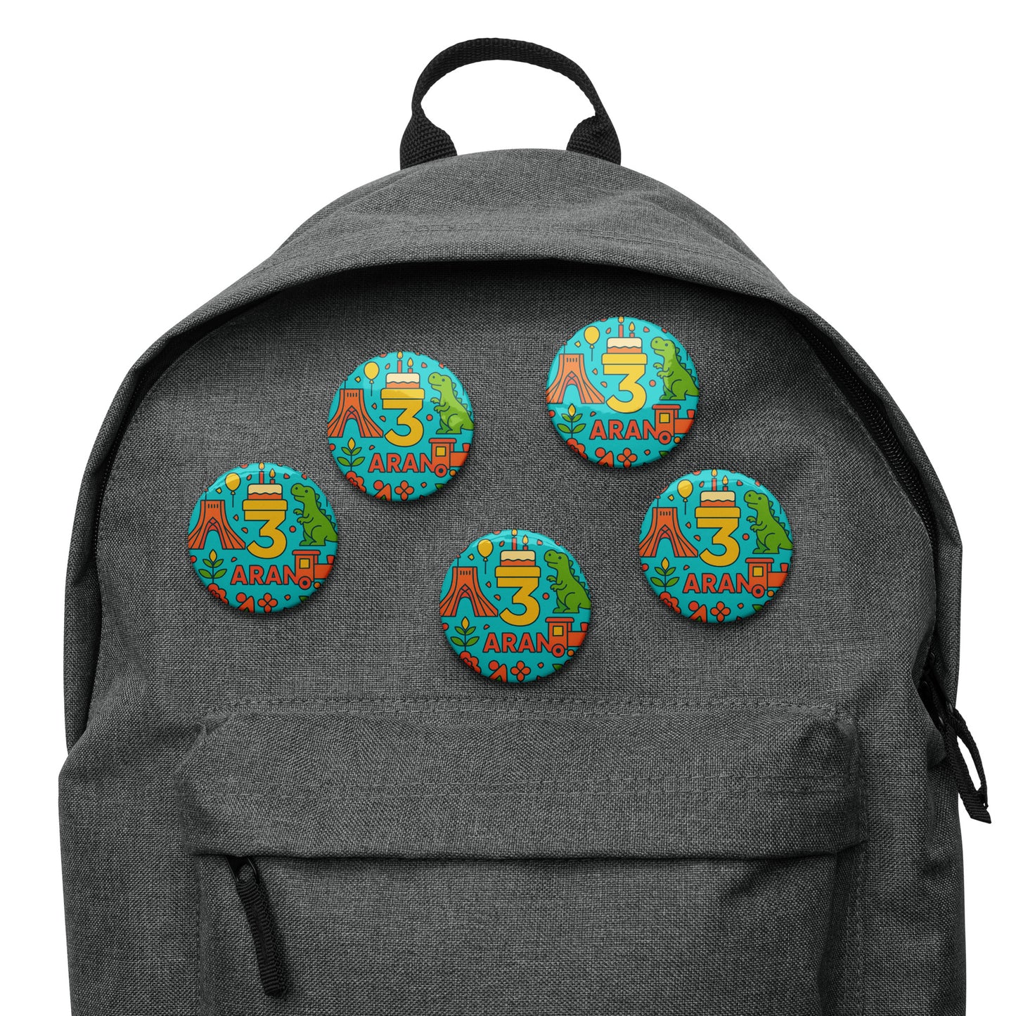 Gray backpack with colorful embroidered patches on a white background