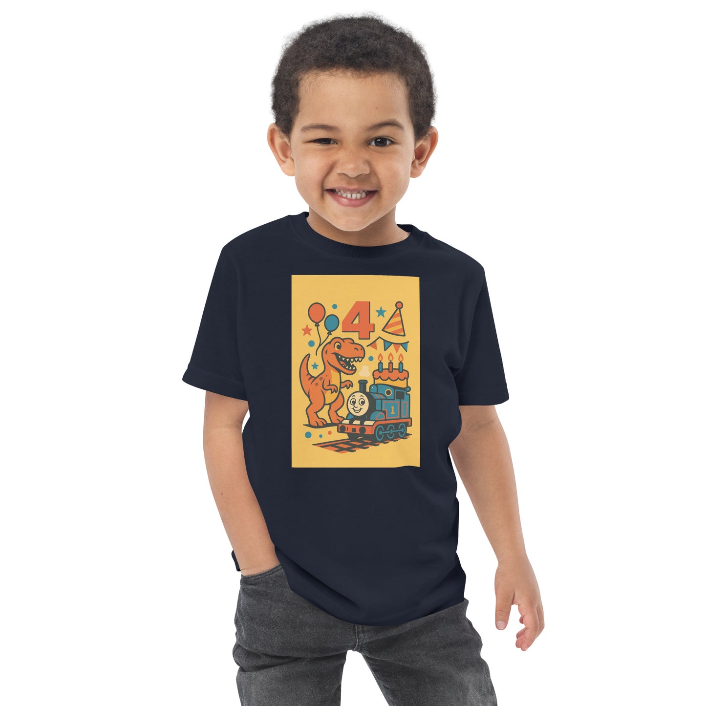 Child wearing a black t-shirt with a colorful graphic design on a white background