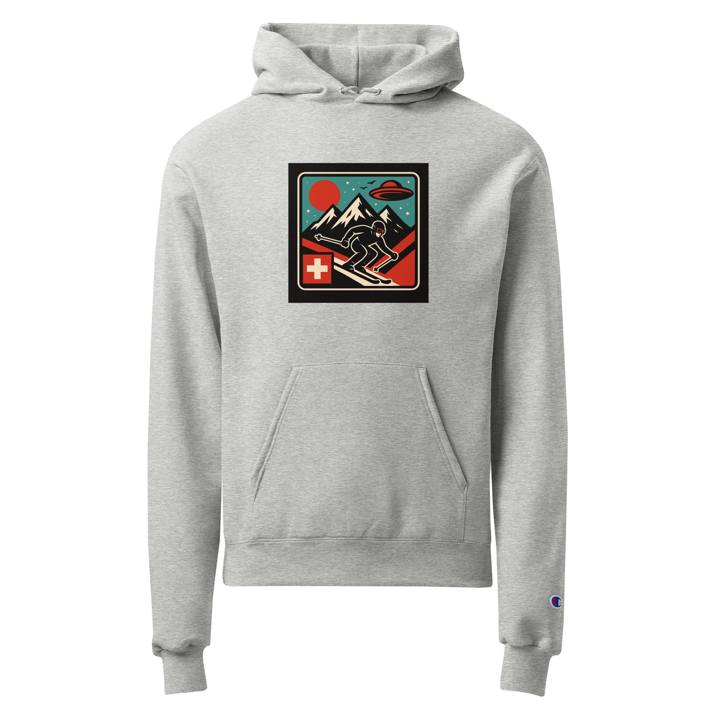 Gray hoodie with a graphic design on the chest against a white background