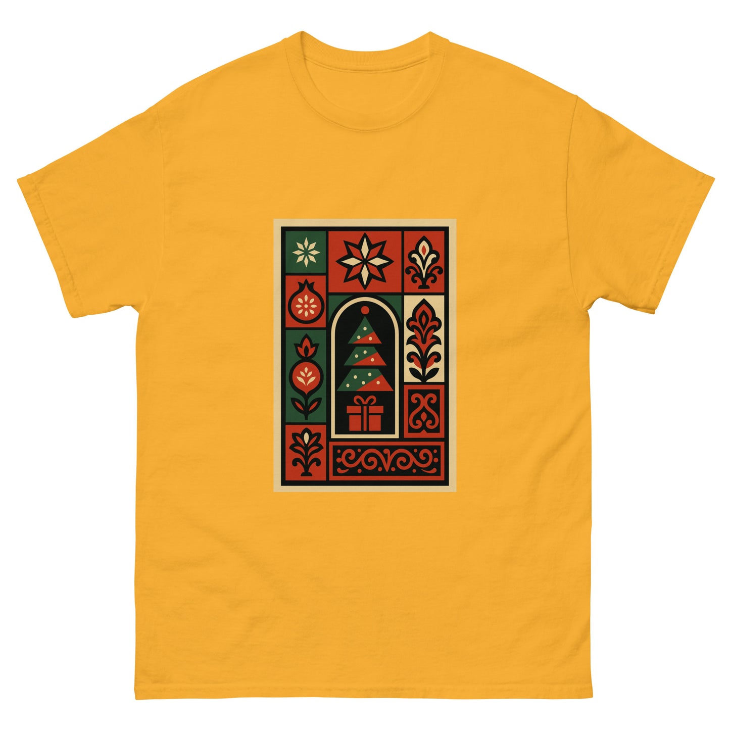 Yellow t-shirt with a decorative graphic on a white background