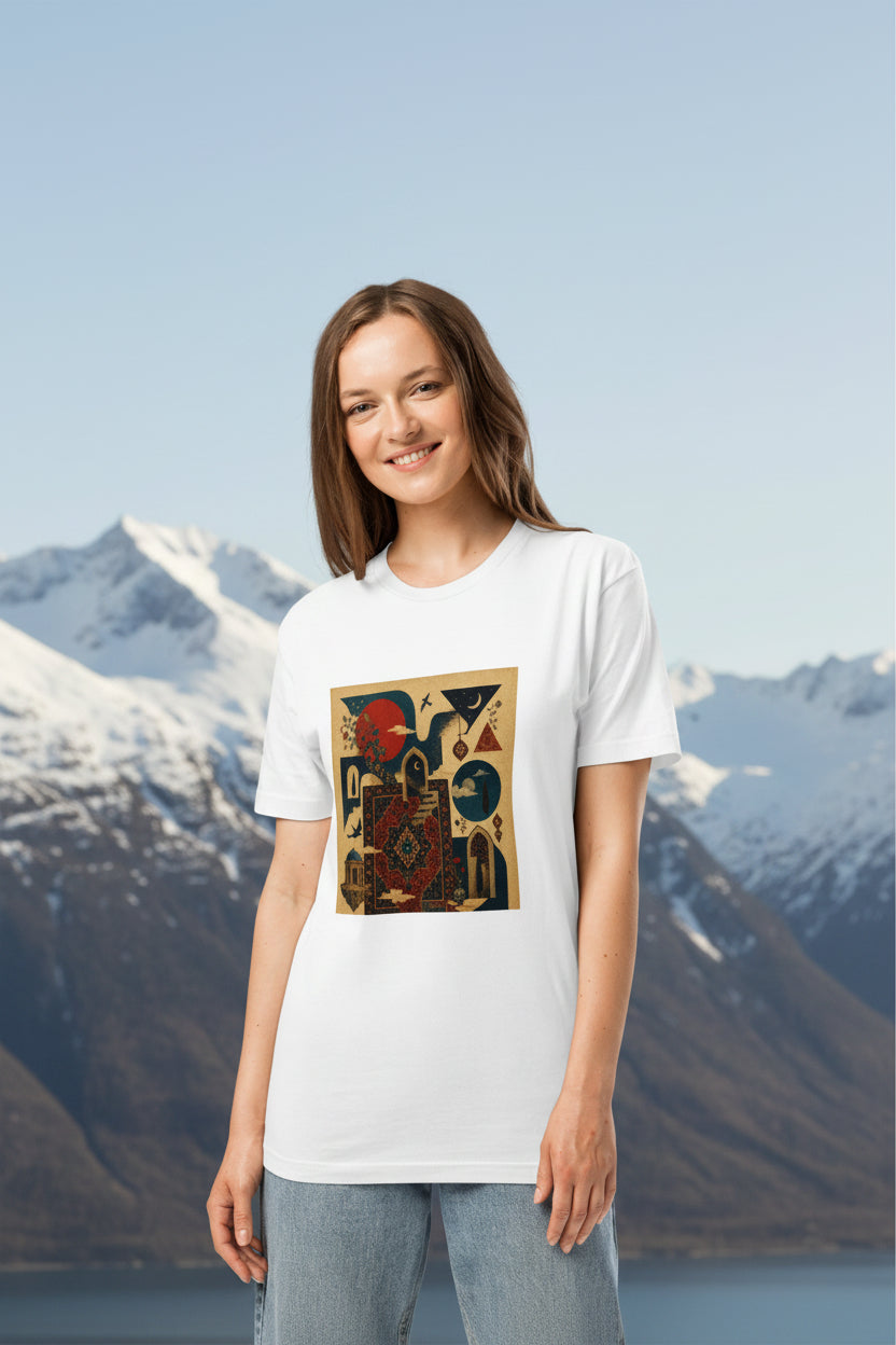 A woman modeling a white short-sleeve crewneck t-shirt with a colorful geometric art print on the front, paired with light blue jeans against a plain white background.