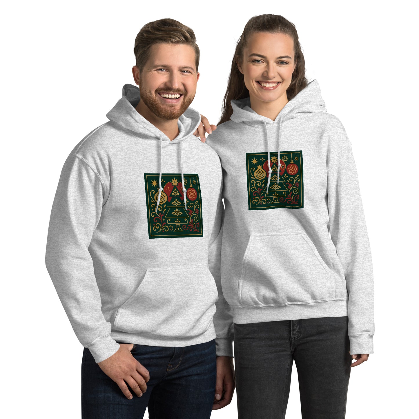 Two people wearing white hoodies with a colorful design on a white background