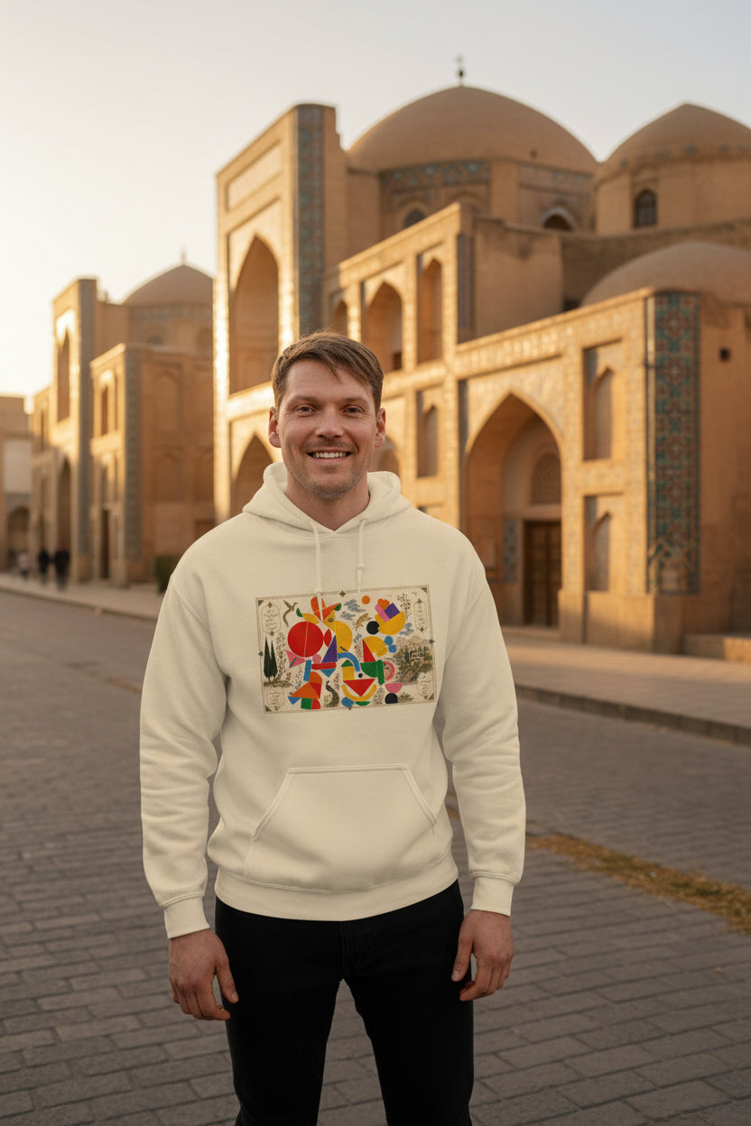 Man wearing a beige hoodie with a colorful graphic on a white Close-up of premium navy hoodie with color-matched drawcords and double-lined h