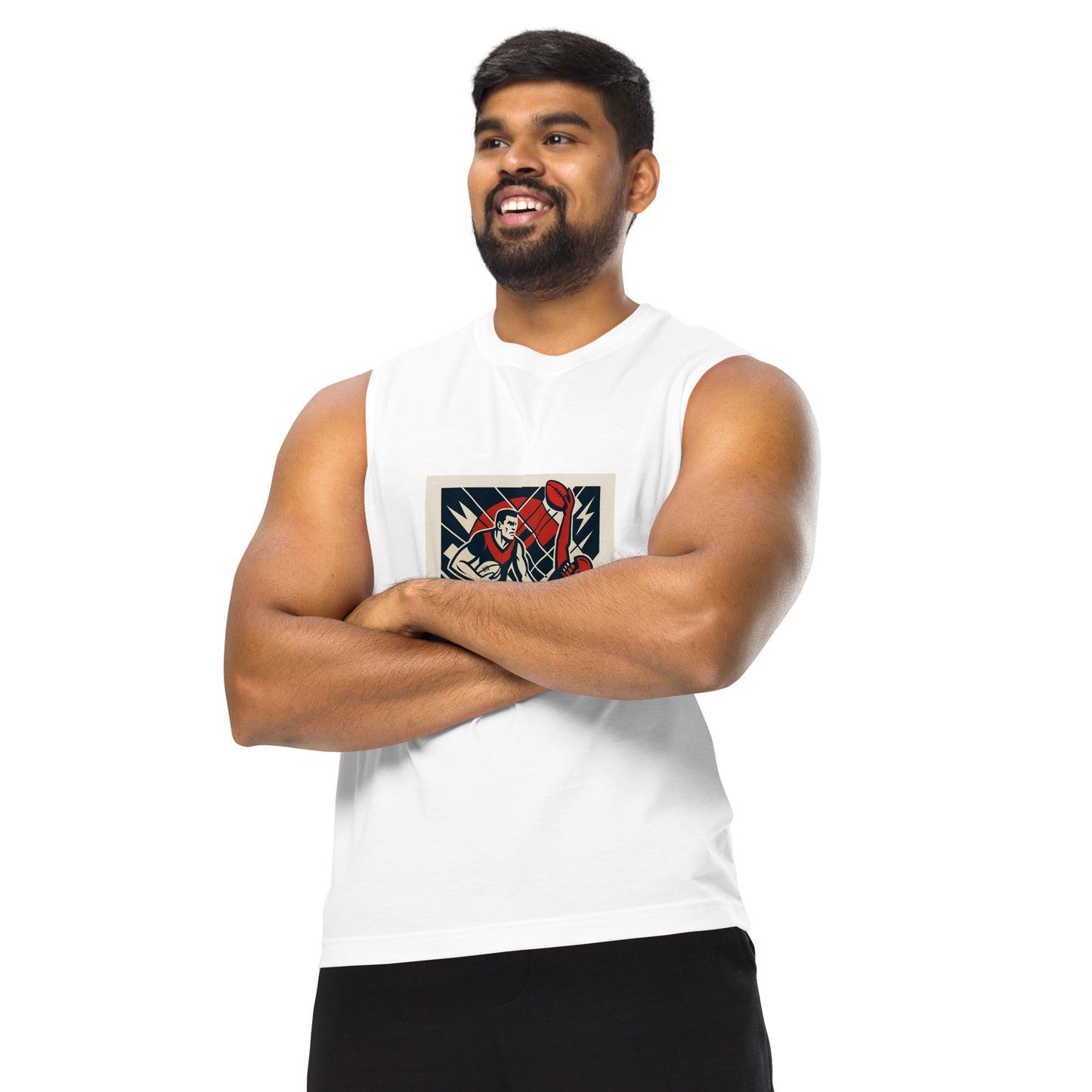 Man wearing a white sleeveless shirt with a graphic design on a white background