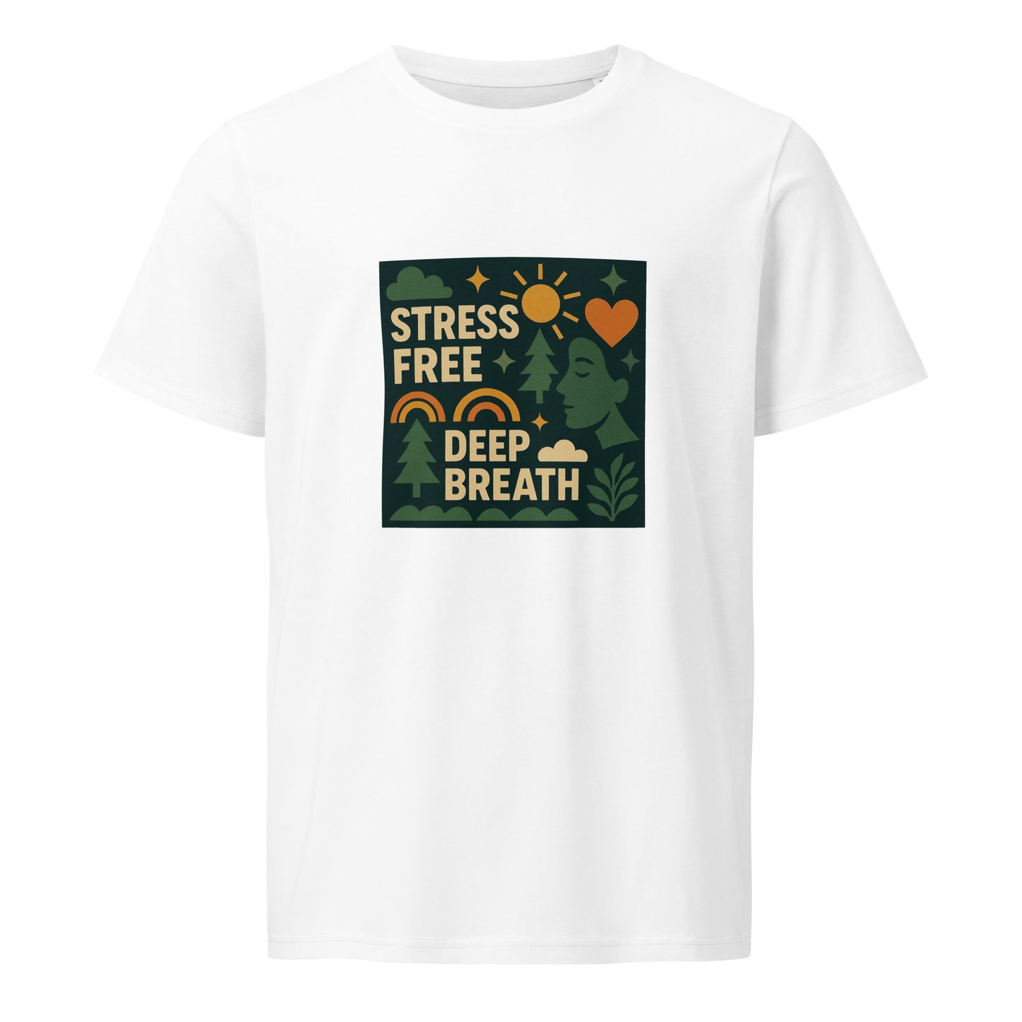 White t-shirt with a graphic design featuring text 'Stress Free Deep Breath'
