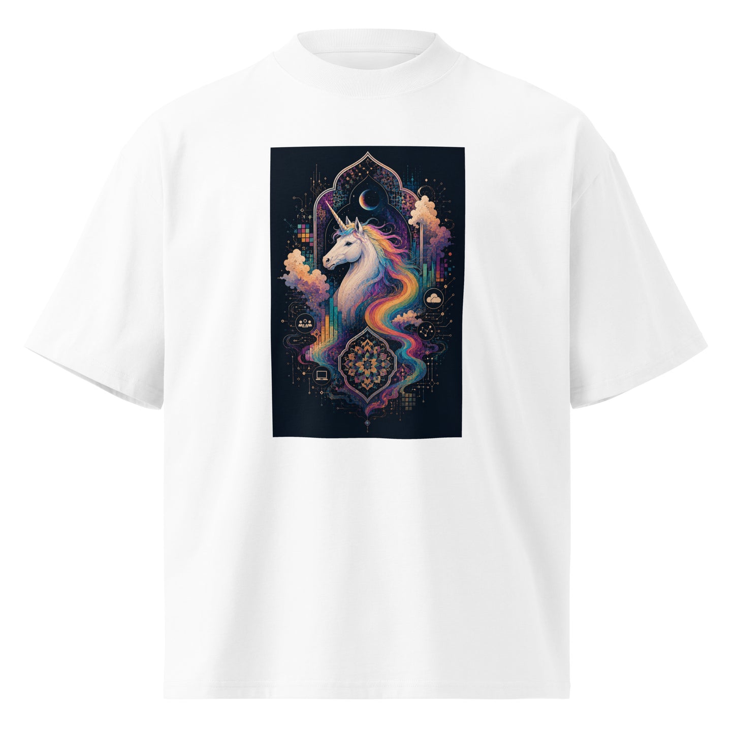 White t-shirt with a colorful unicorn graphic on a white background