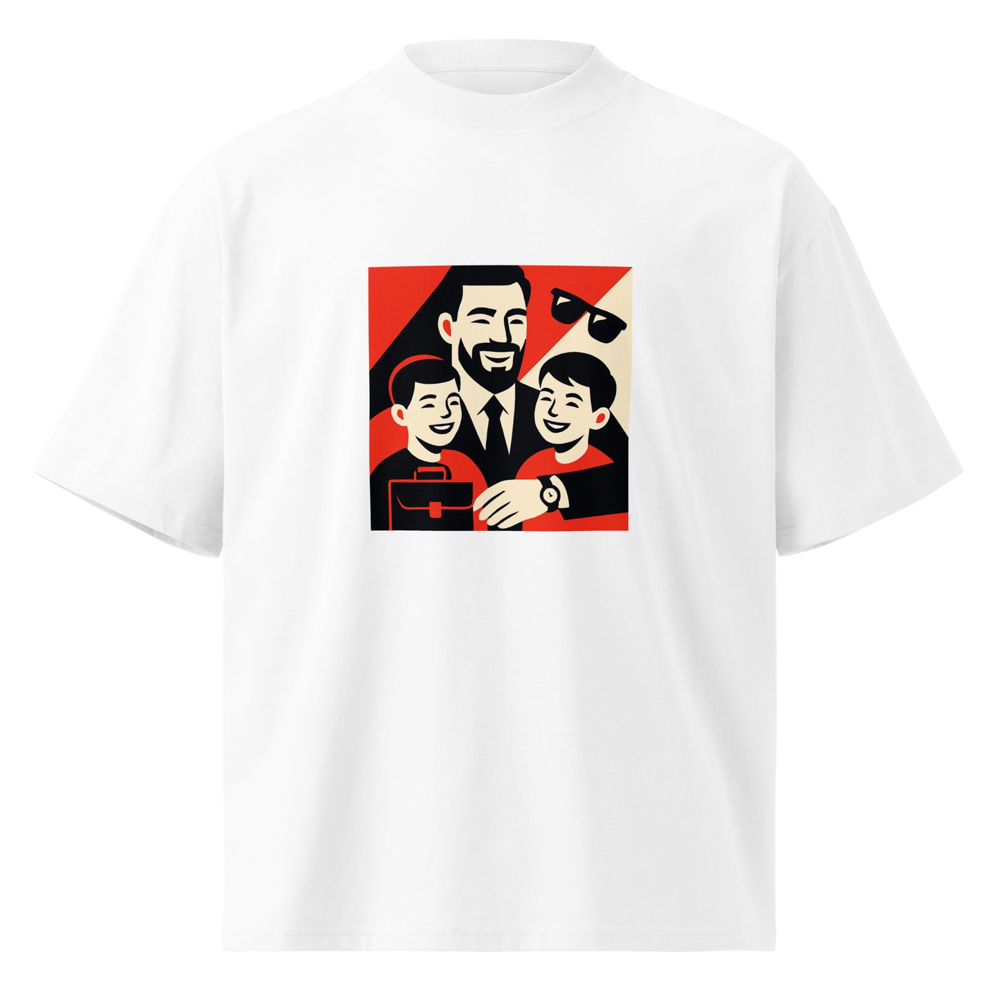 White t-shirt with a graphic of a man and two children on a red and black background.