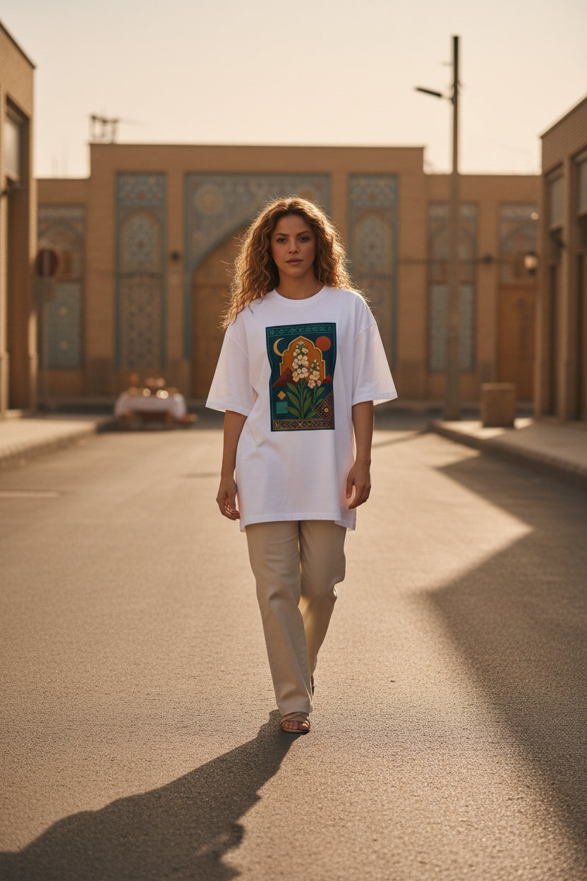 A woman walking down a sunlit street wearing an oversized white graphic T-shirt with a colorful lion illustration on the front, paired with beige pants.
