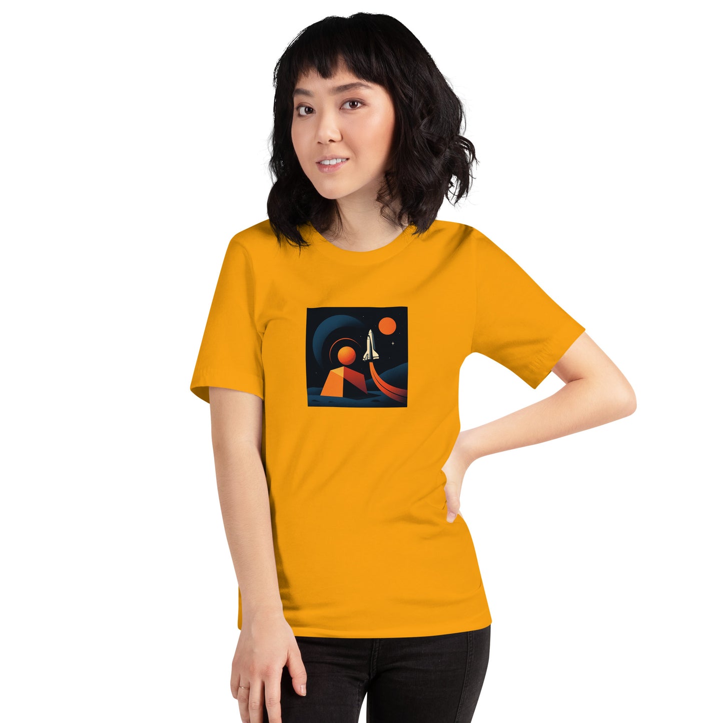 Person wearing a yellow t-shirt with a graphic design on a white background
