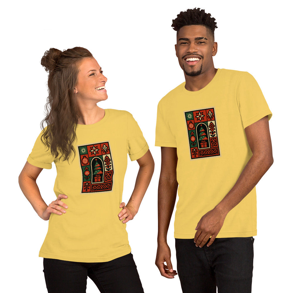 Two people wearing yellow CHRISTMASS t-shirts with a decorative design on a white background
