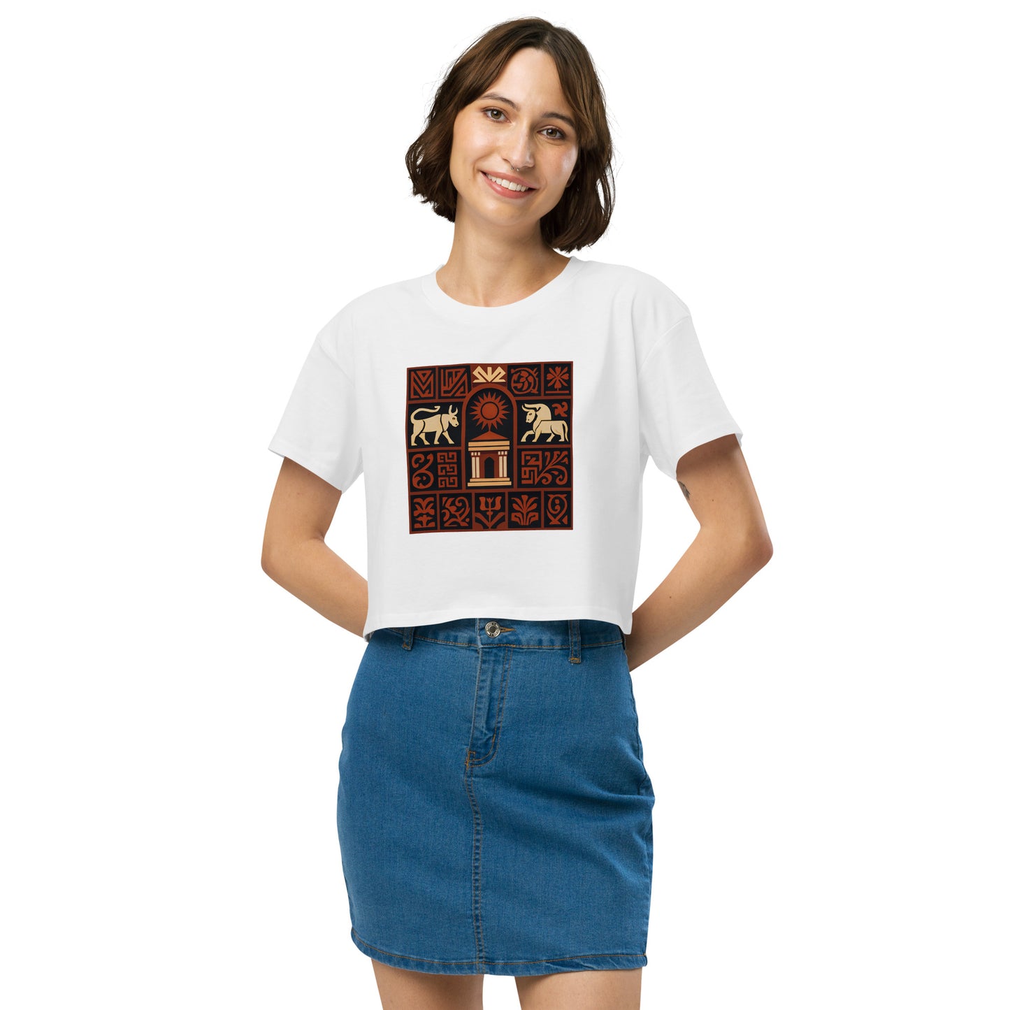 Woman wearing a white t-shirt with a graphic design on a white background