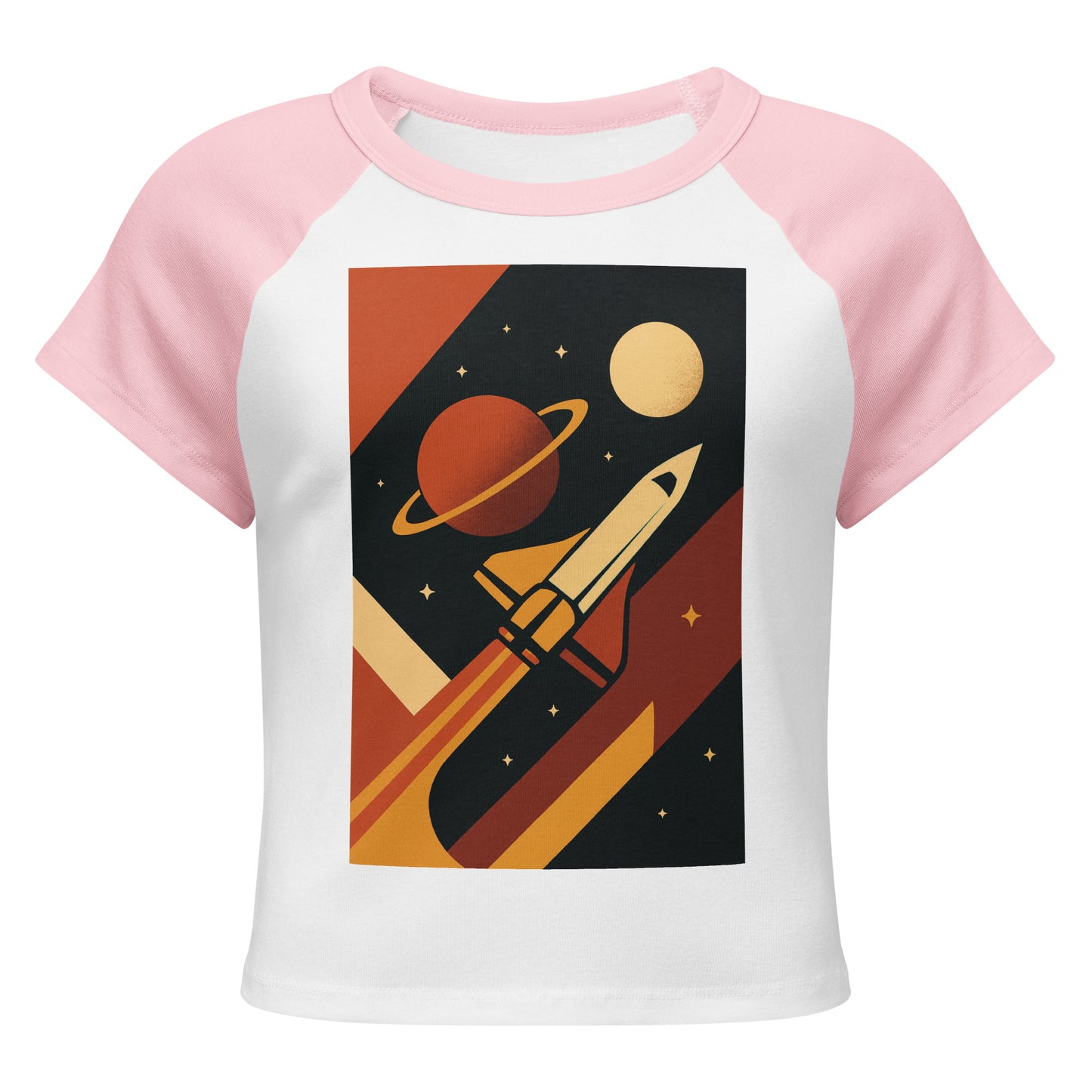 White t-shirt with pink sleeves featuring a space-themed graphic of a rocket and planets.