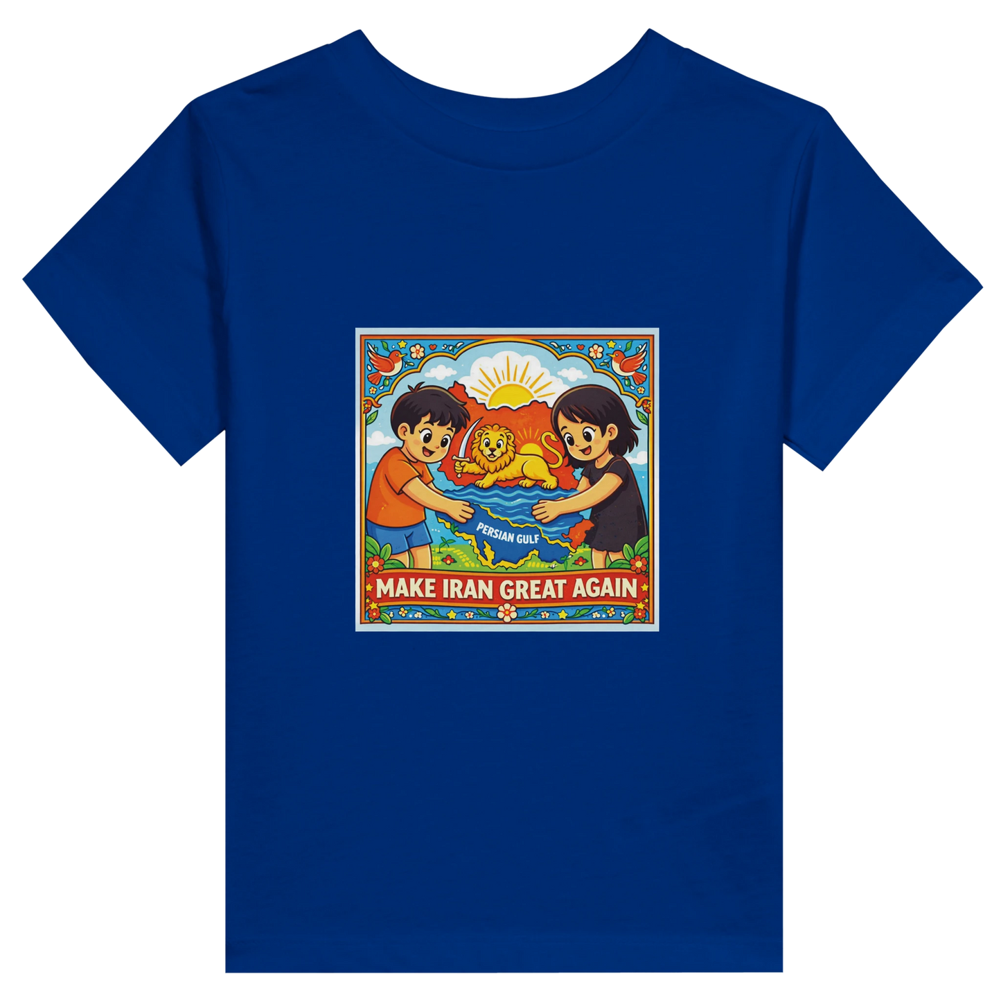 Blue t-shirt with a colorful graphic and text on a white background