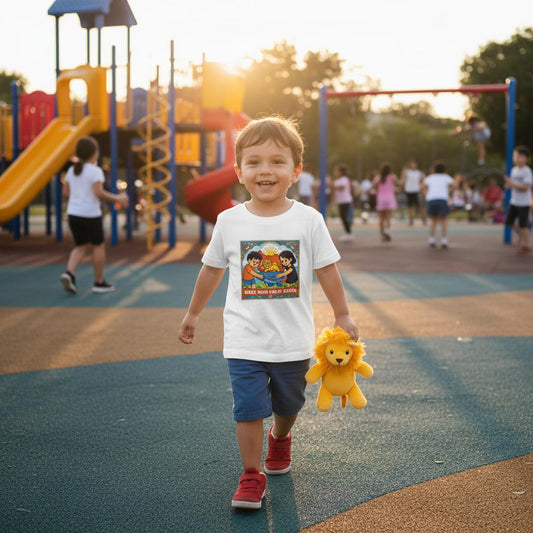 Child holding a toy lion on a playground with other children in the background