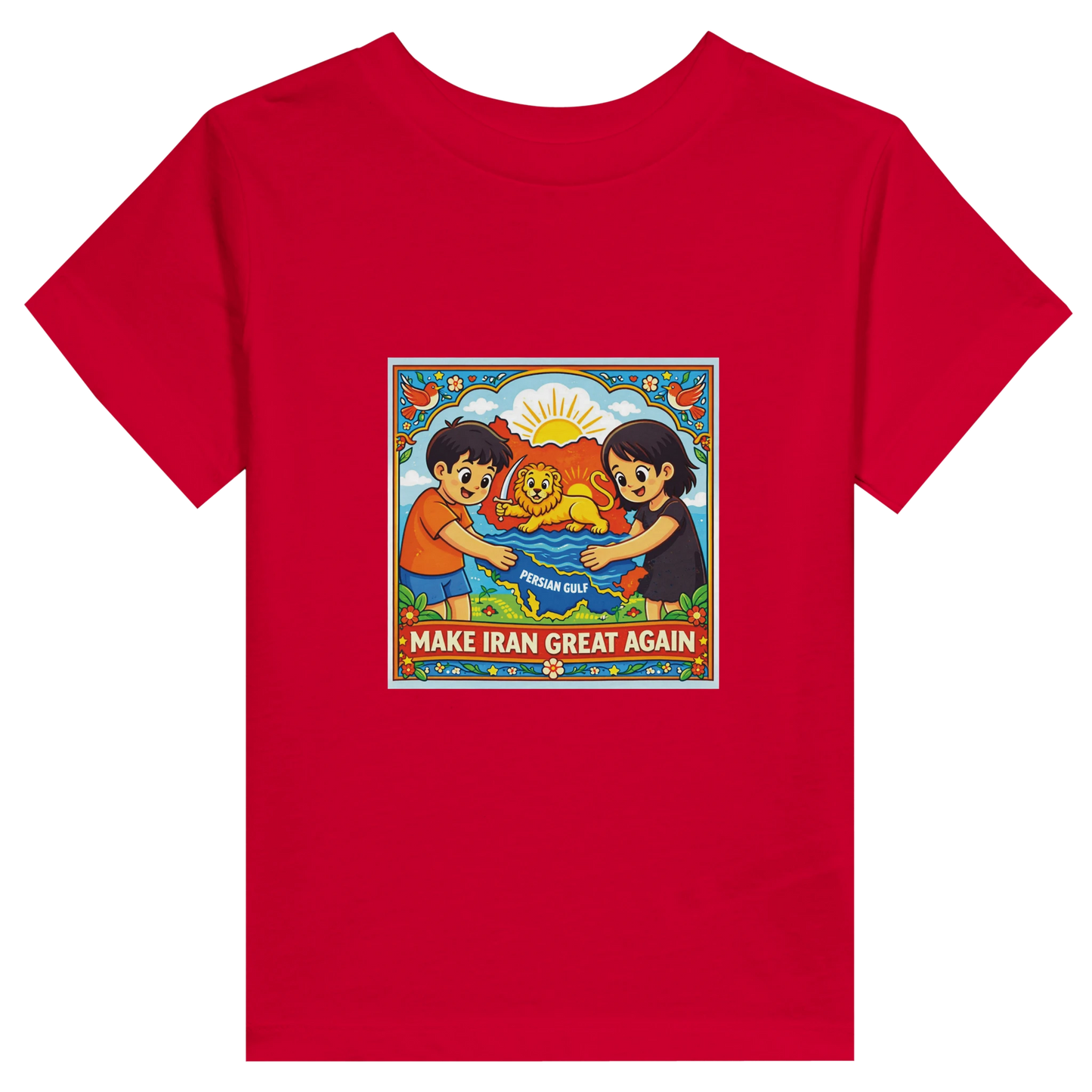 Red t-shirt with a colorful graphic of two children and a lion, featuring text 'MAKE IRAN GREAT AGAIN'.
