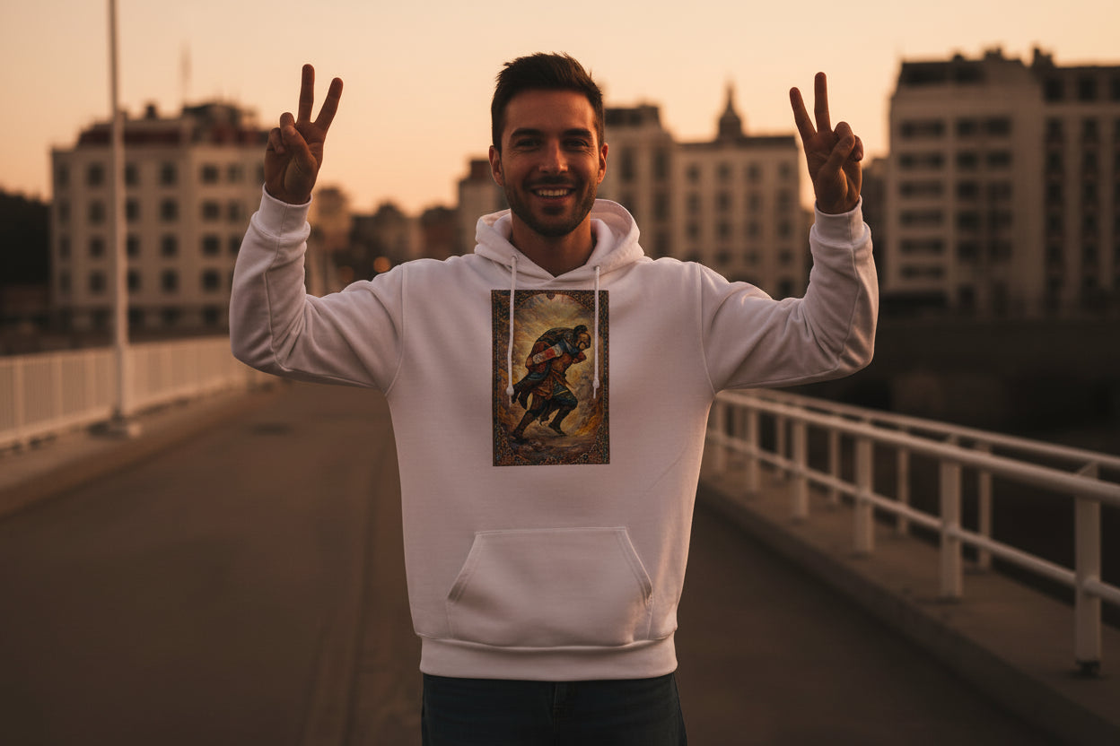 Man wearing a white hoodie with a graphic design outdoors HAMID MAHDAVI "Guardian" Tee
