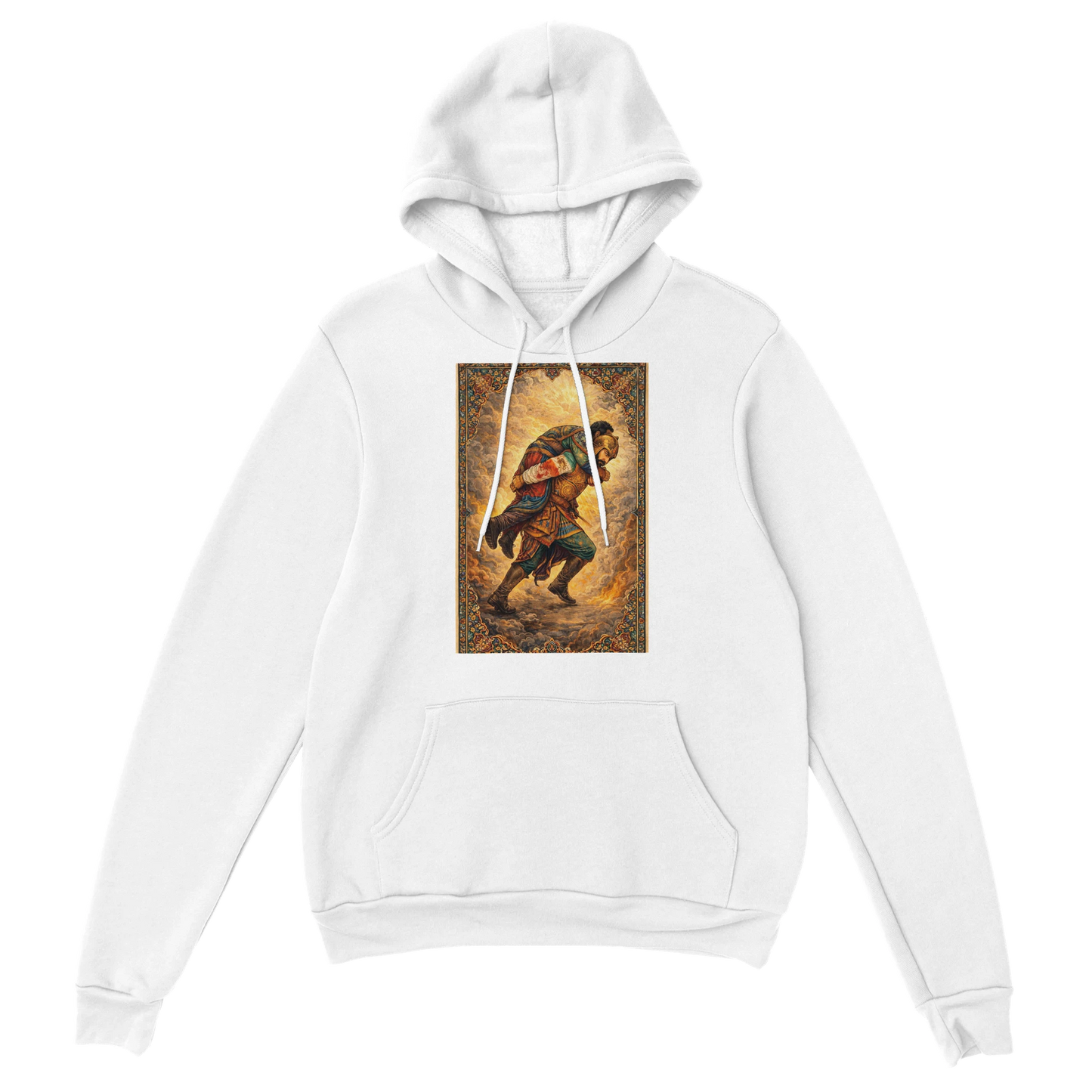  HAMID MAHDAVI "Guardian" Tee White hoodie with a graphic of a warrior on a white background