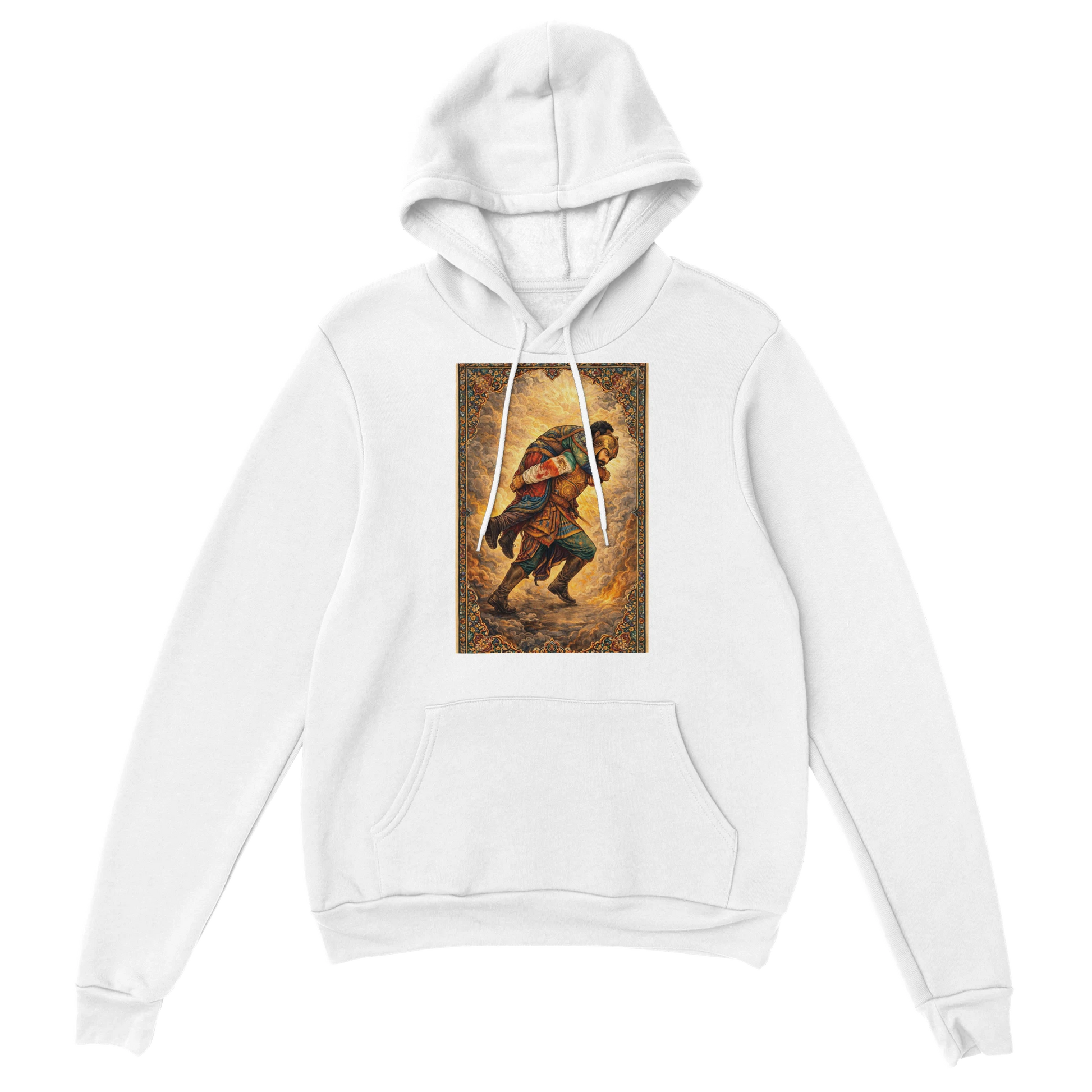  HAMID MAHDAVI "Guardian" Tee White hoodie with a graphic of a warrior on a white background