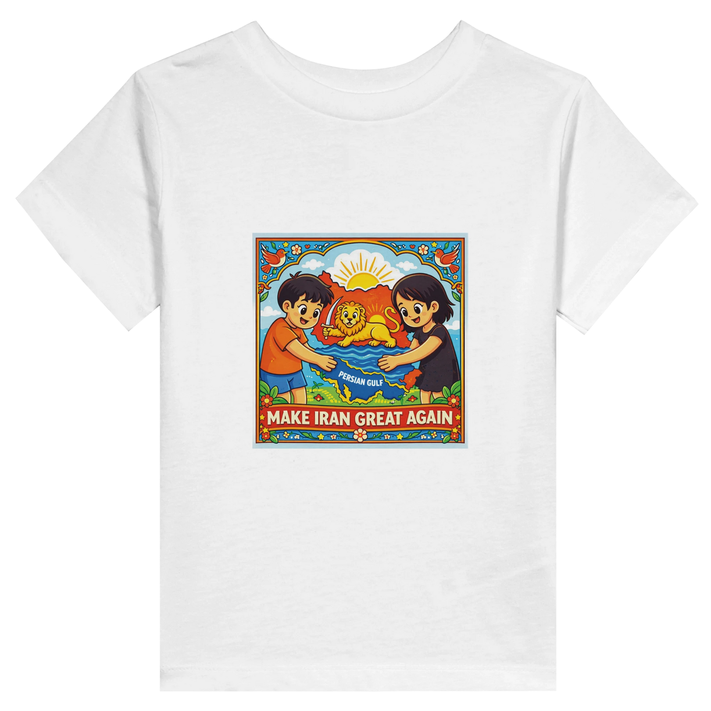 White t-shirt with a colorful graphic of two children holding a lion and 'Make Iran Great Again' text on a white background.