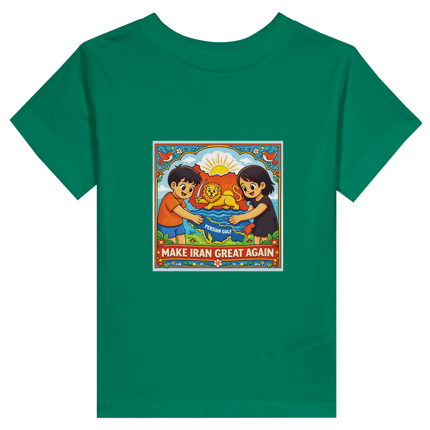 Green t-shirt with a colorful graphic and text on a white background