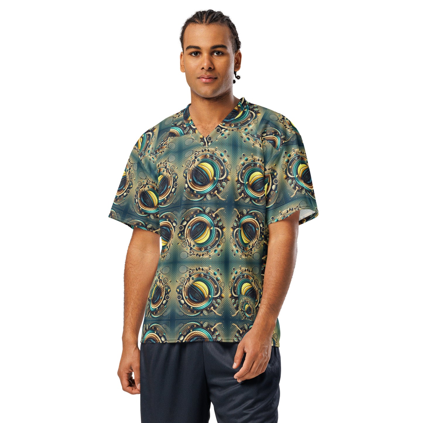 Man wearing a patterned shirt with a white background