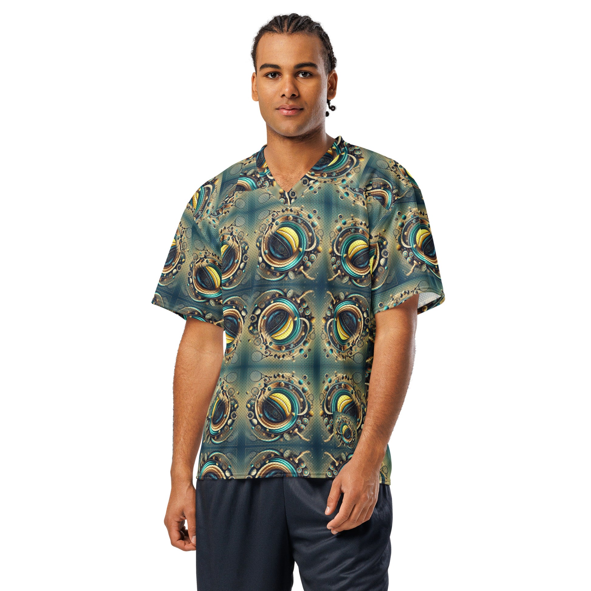 Man wearing a patterned shirt with a white background