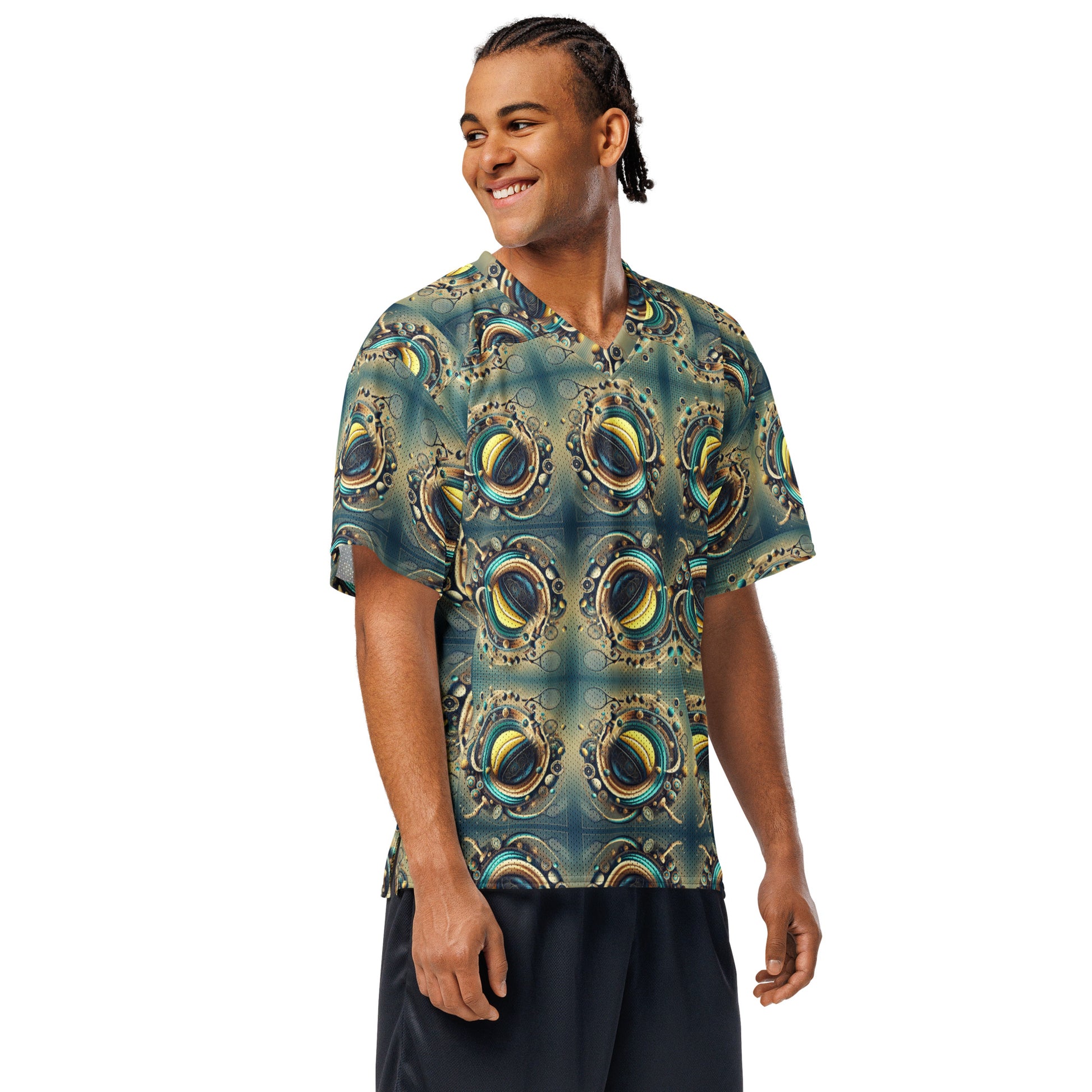 Man wearing a patterned shirt on a white background