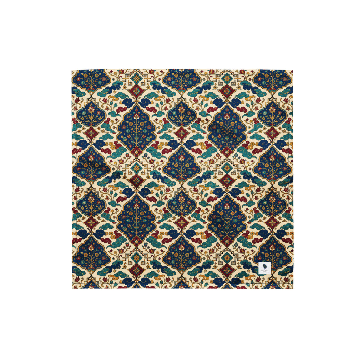 A square fabric or rug sample with an intricate traditional Persian-style damask pattern in navy blue, teal, burgundy, and beige, shown flat against a solid white background.