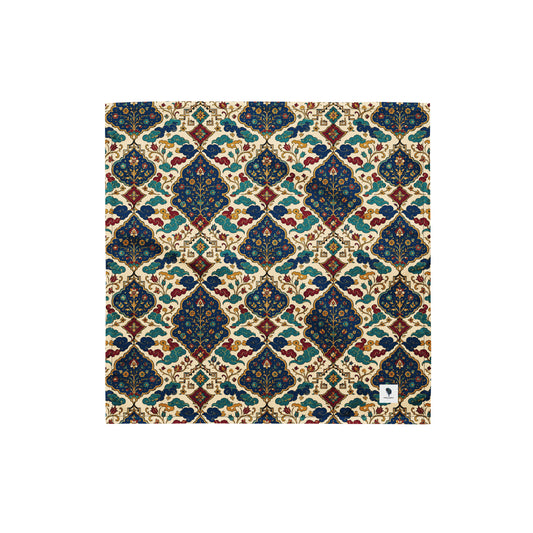 A square fabric or rug sample with an intricate traditional Persian-style damask pattern in navy blue, teal, burgundy, and beige, shown flat against a solid white background.
