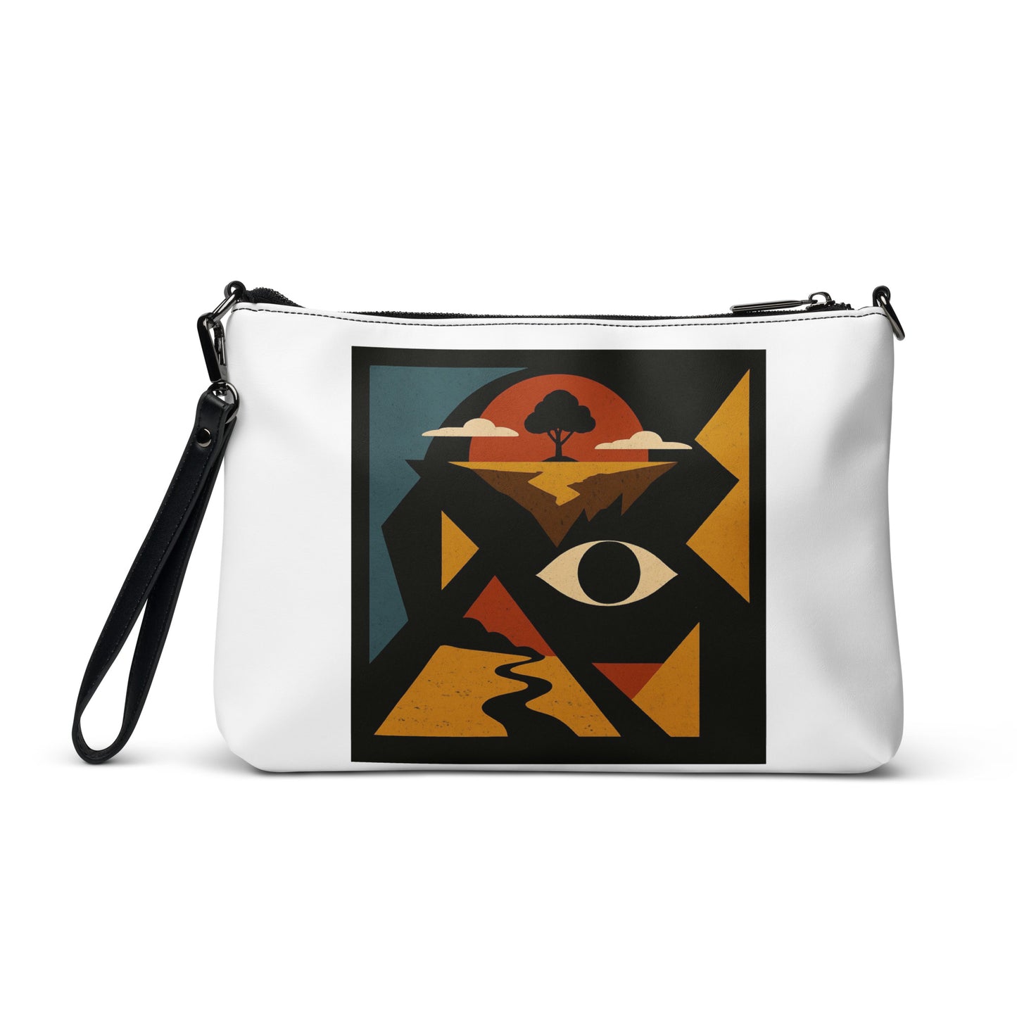 White pouch with abstract design featuring an eye and landscape on a white background