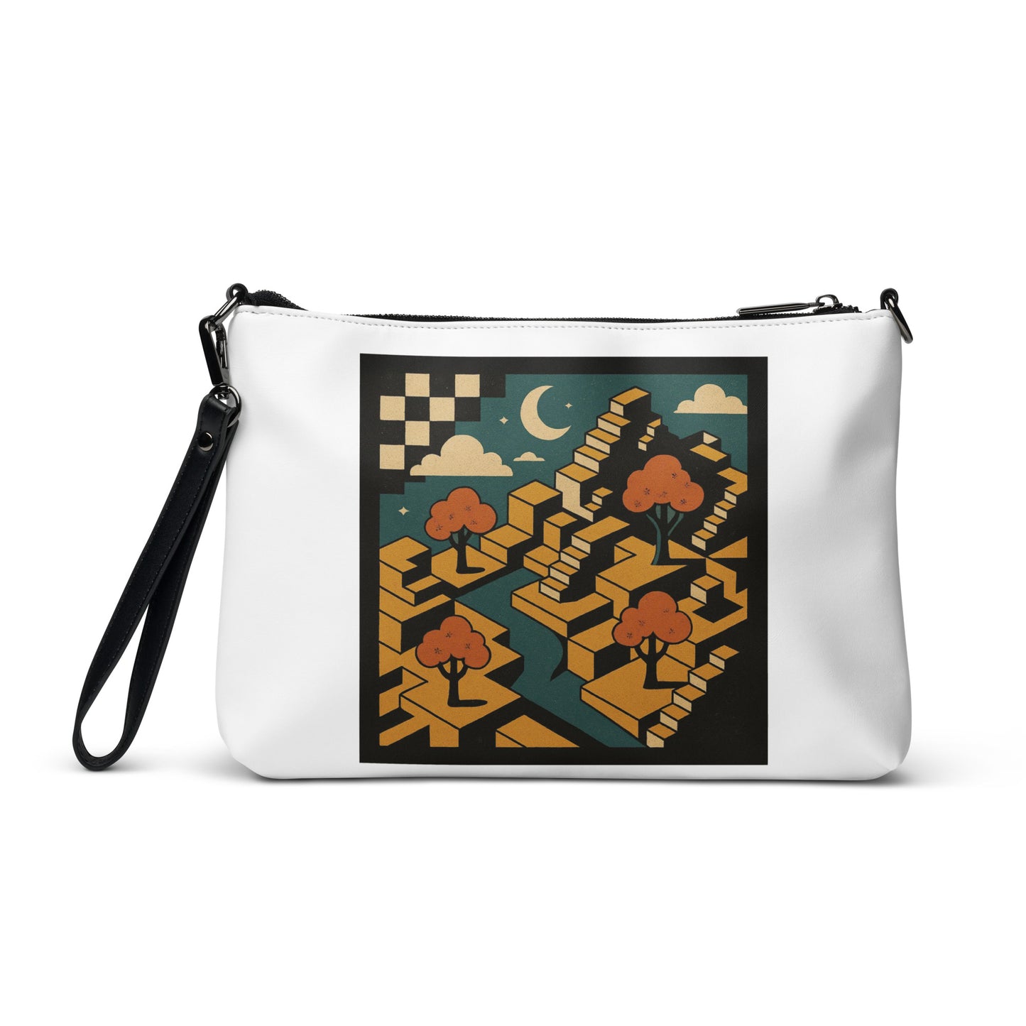 White pouch with a geometric landscape design on a white background