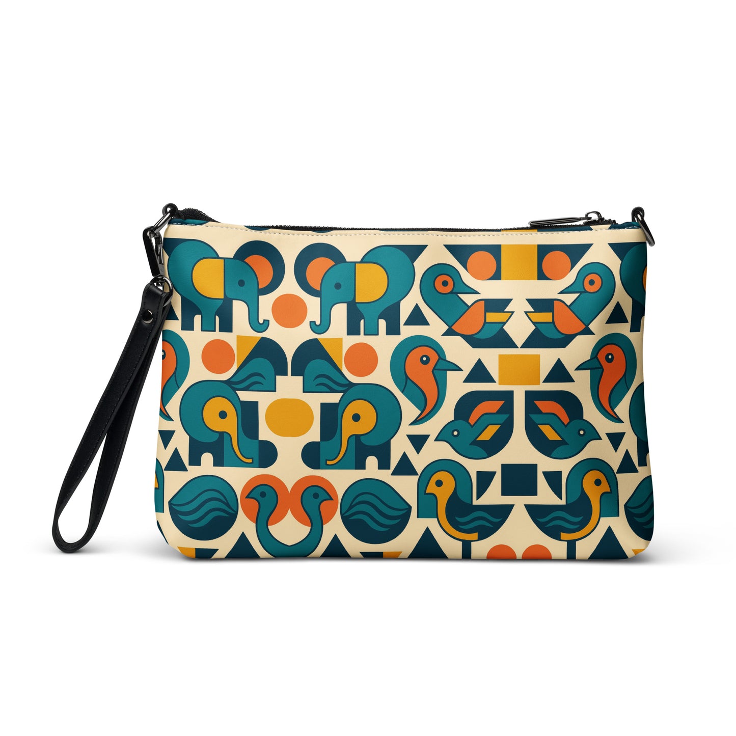 Patterned clutch bag with elephants and geometric shapes on a white background