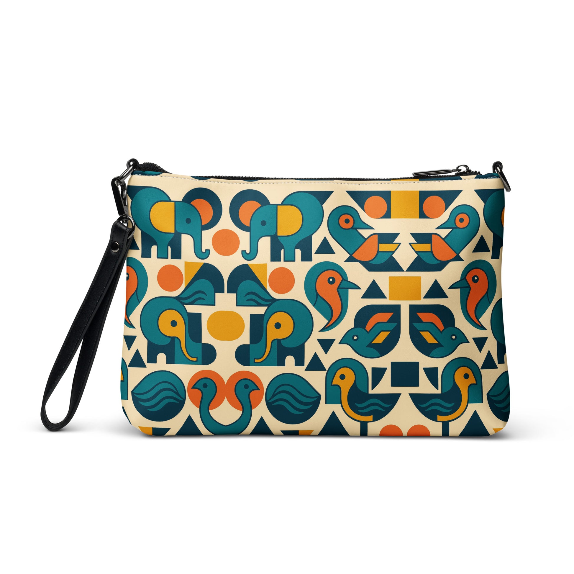 Patterned clutch bag with elephants and geometric shapes on a white background
