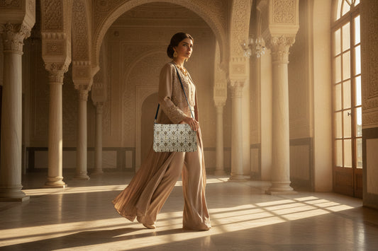 Patterned handbag with a strap on a white background