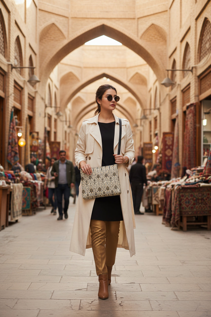 Patterned crossbody bag with a strap on a white background