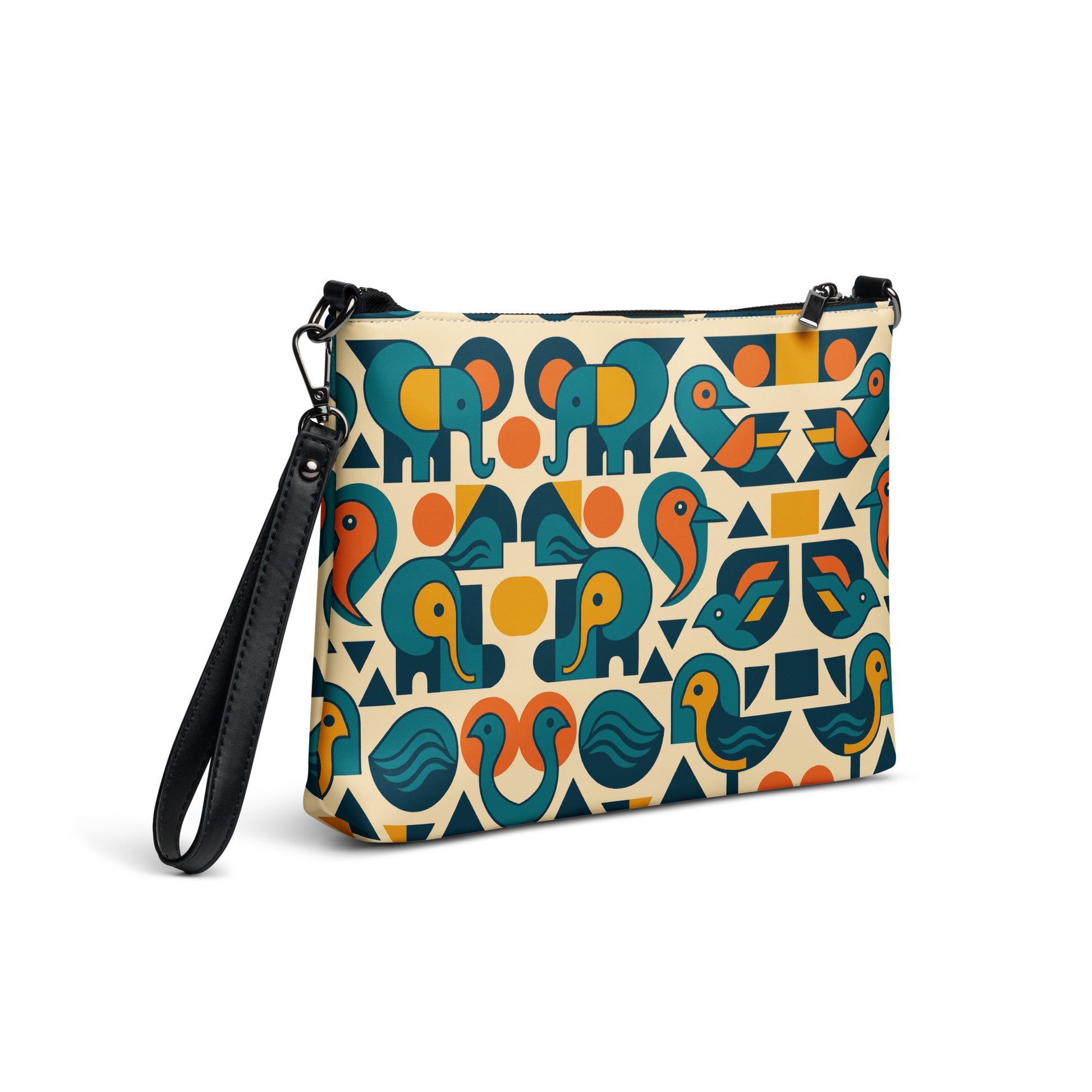 Colorful patterned handbag with elephants on a beige background