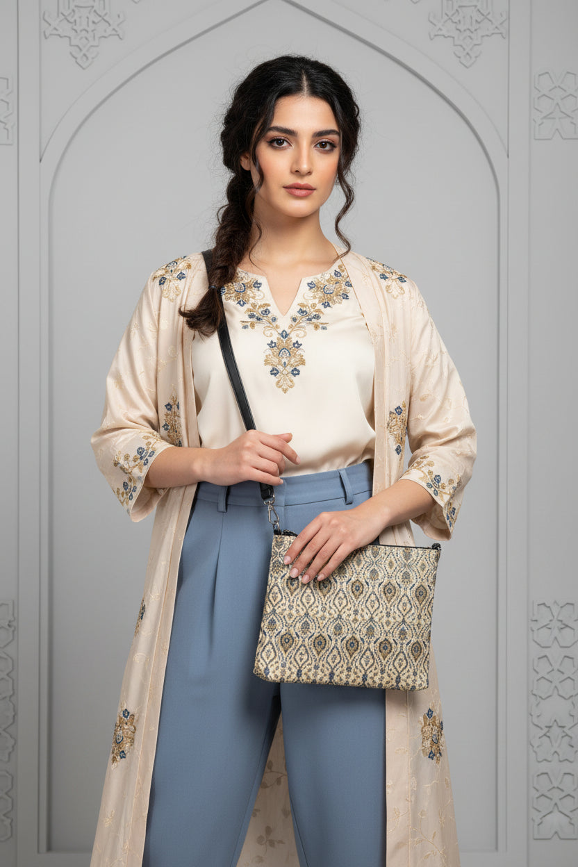 Patterned handbag with a strap on a white background