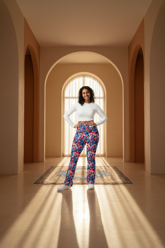 Woman wearing colorful patterned pants on a white background