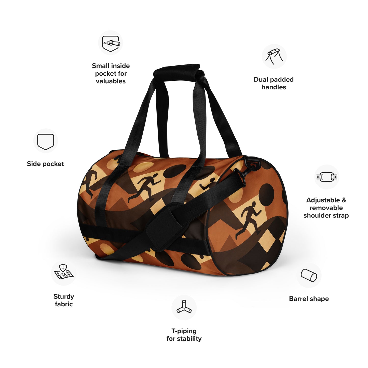 Duffle bag with features highlighted on a white background
