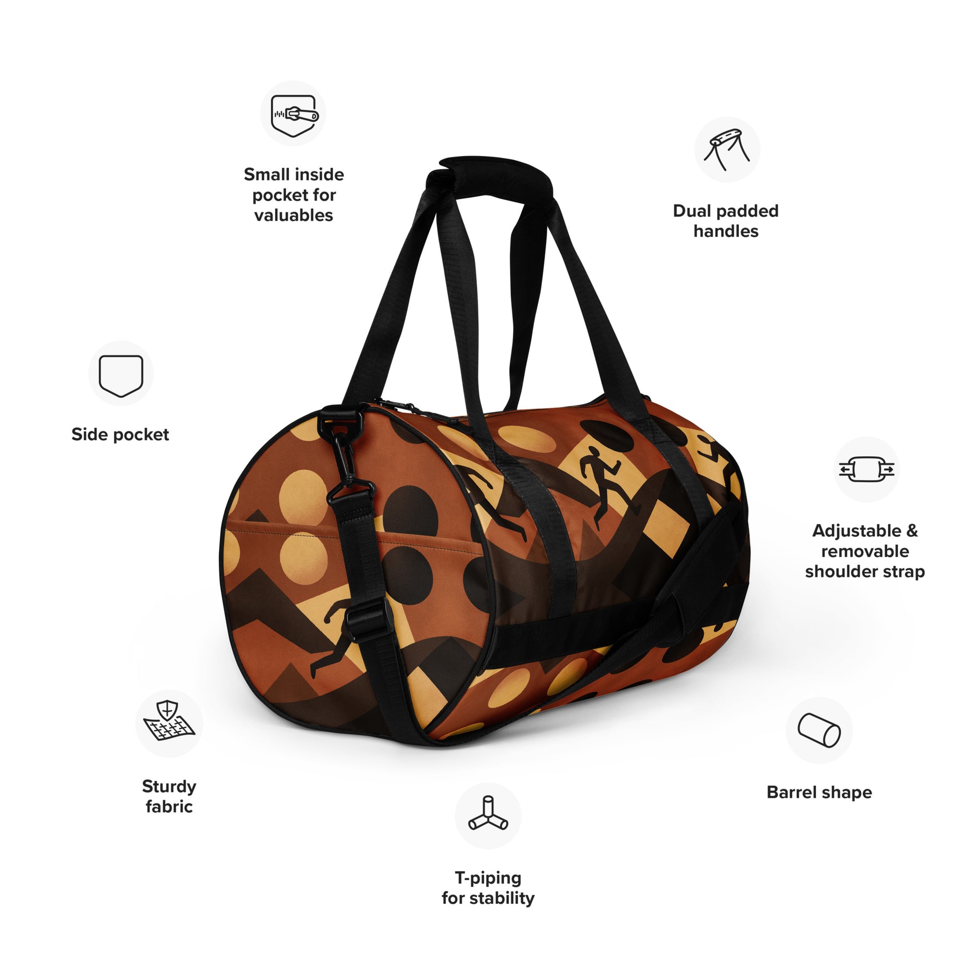 Duffle bag with features highlighted on a white background
