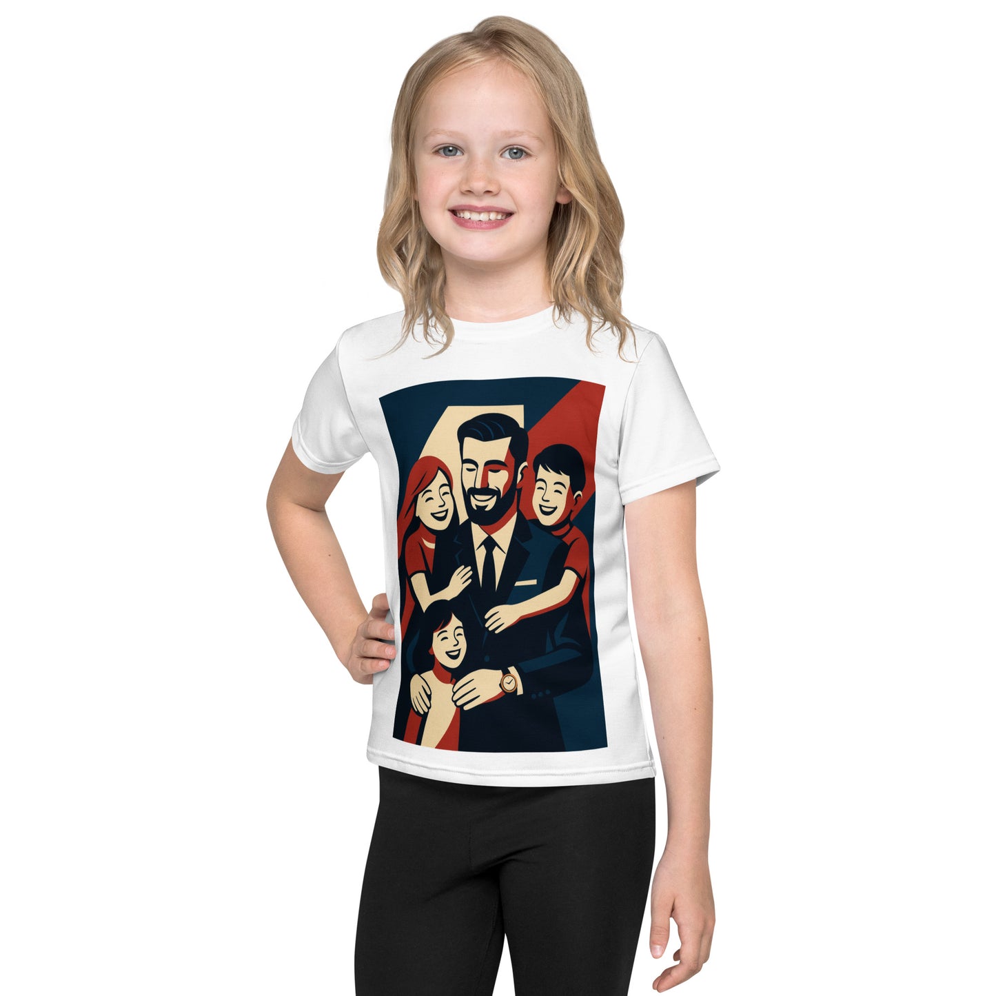 Child wearing a white t-shirt with a graphic design of a family on a white background