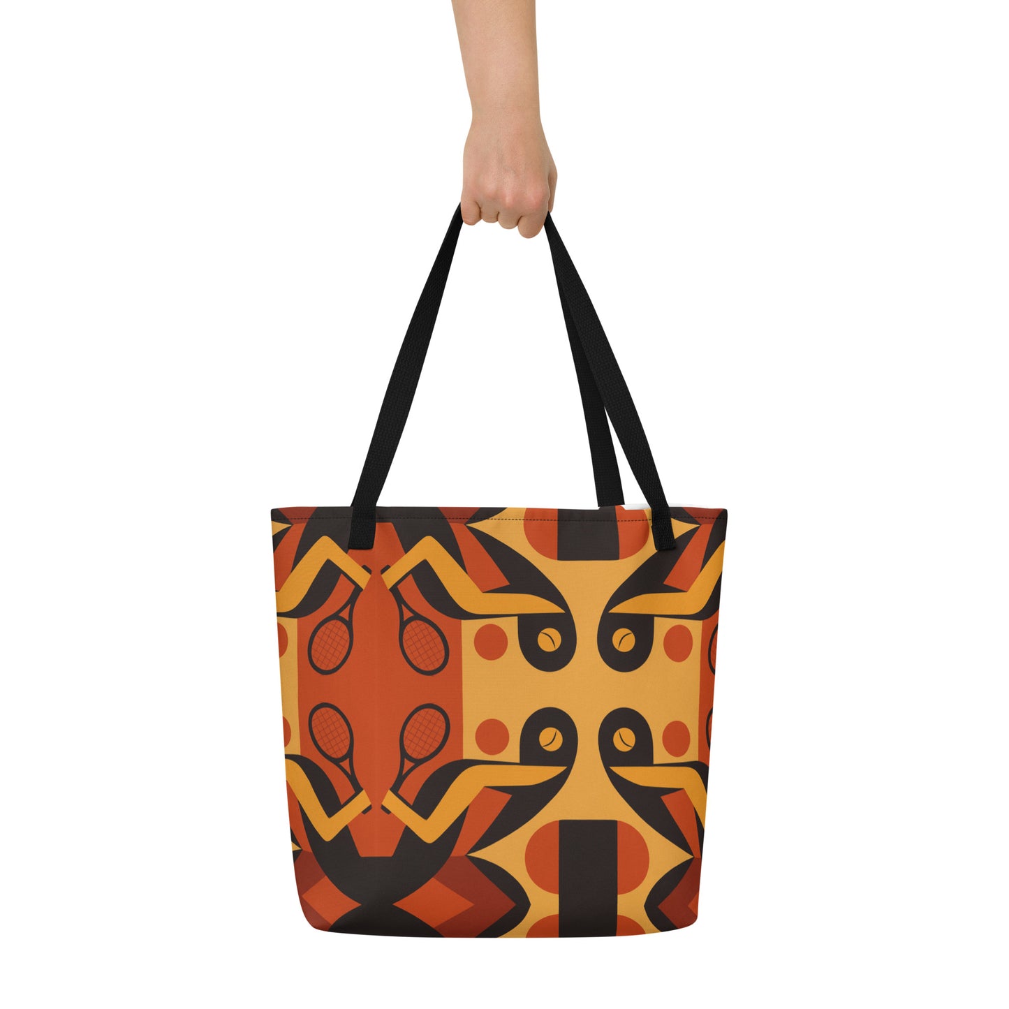 Tote bag with abstract design held by a person on a white background